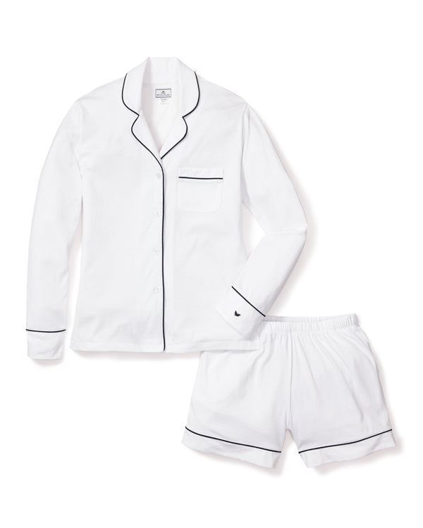 Women's Pima Long Sleeve Short Set in White with Navy Piping
