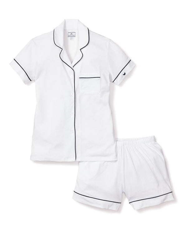 Women's Pima Pajama Short Set in White with Navy Piping