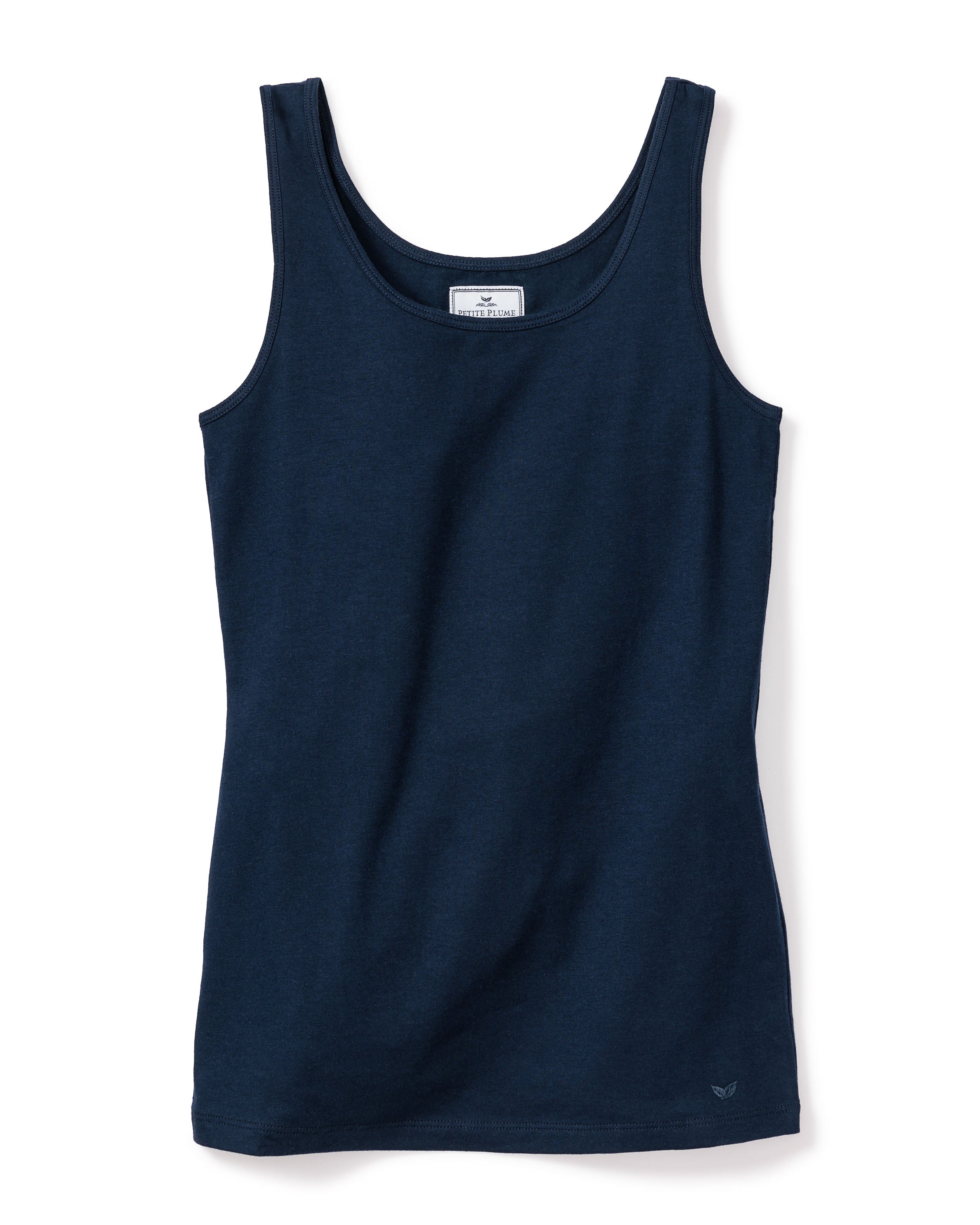 Displayed against a plain white background, the Womens Pima Tank Top in Navy by Petite Plume features a round neckline and sleeveless design. Crafted from luxurious Pima cotton, it offers a smooth, lightweight feel ideal for casual or elegant sleepwear attire.