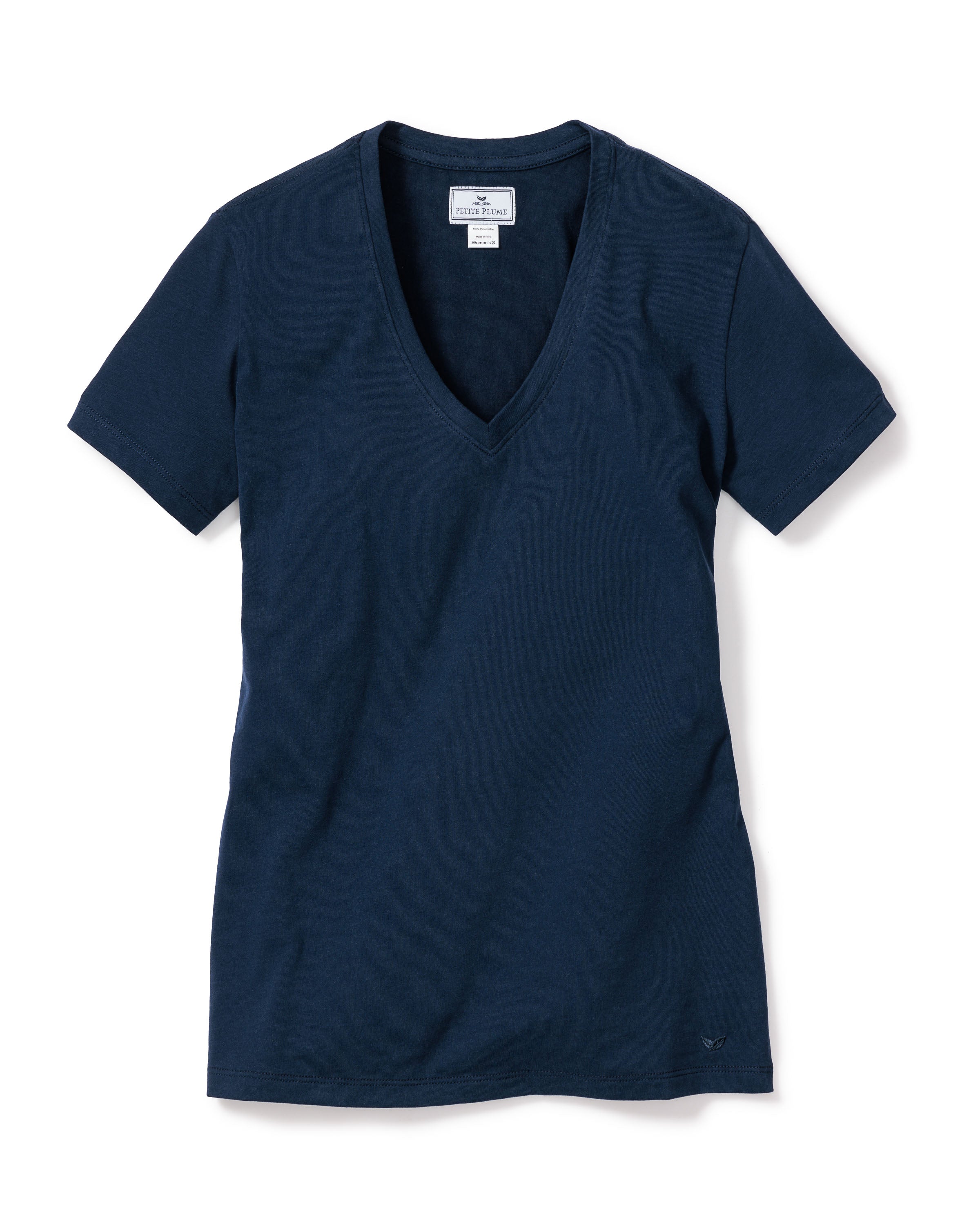 The Womens Pima Short Sleeve Top in Navy by Petite Plume, made from soft jersey knit Pima cotton, is laid flat on a white background.
