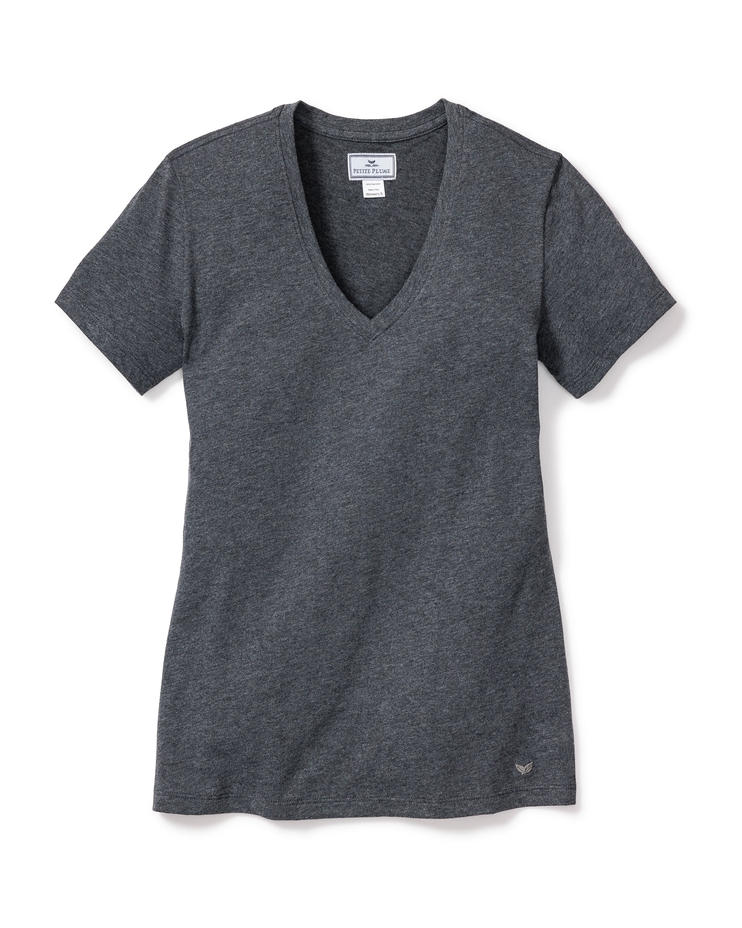 The Womens Pima Short Sleeve Top in Dark Heather Grey by Petite Plume is a plain dark gray V-neck T-shirt made from breathable Peruvian Pima cotton, shown laid flat on a white background, featuring short sleeves and a subtle embroidered logo near the bottom hem.