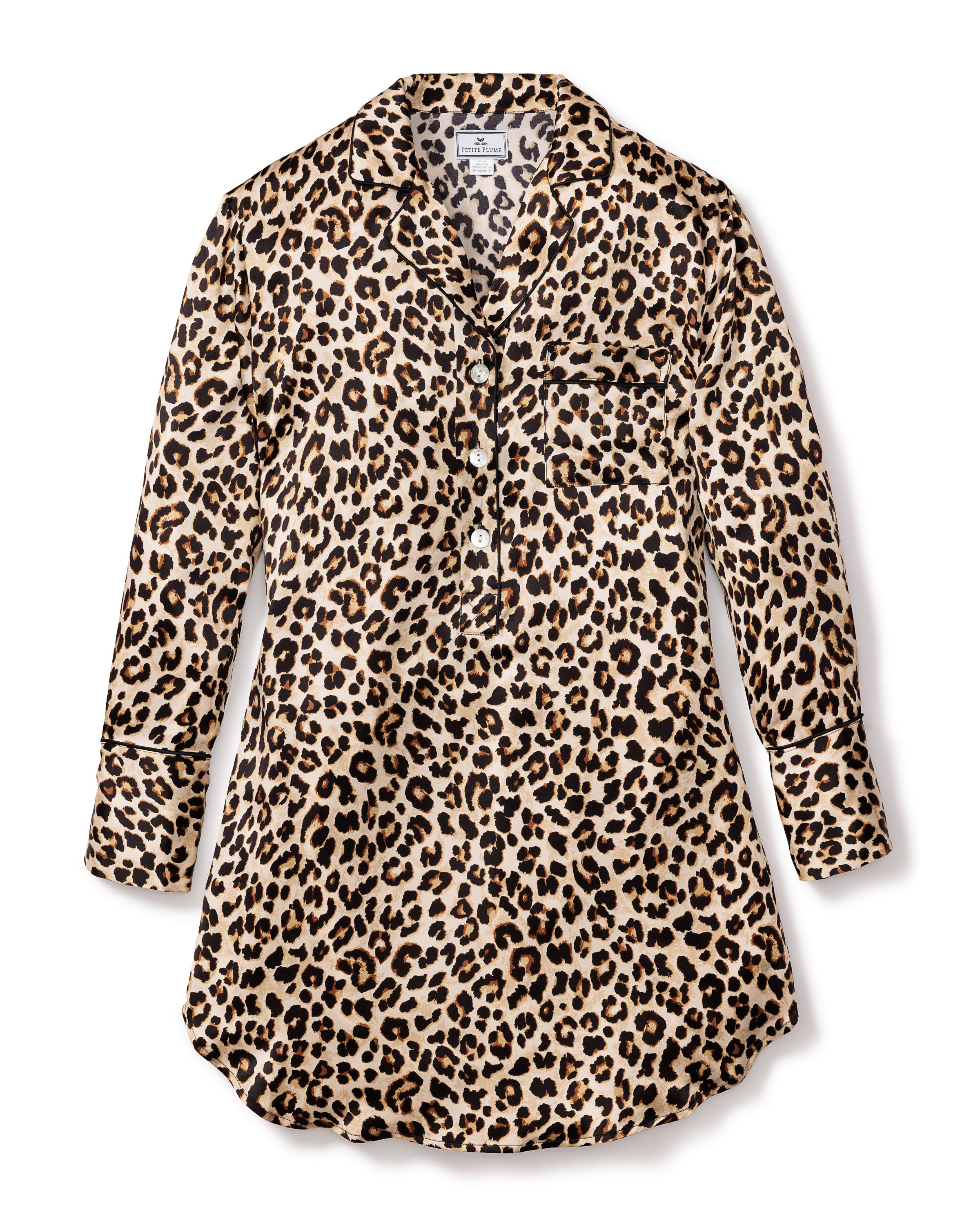 The Veronica Beard x Petite Plume Womens Silk Nightshirt in Leopard is a luxurious long-sleeved piece made from 100% Mulberry Silk, featuring a button-down front and a single chest pocket. Its classic collar enhances elegance while highlighting the exquisite leopard pattern and sophisticated style.