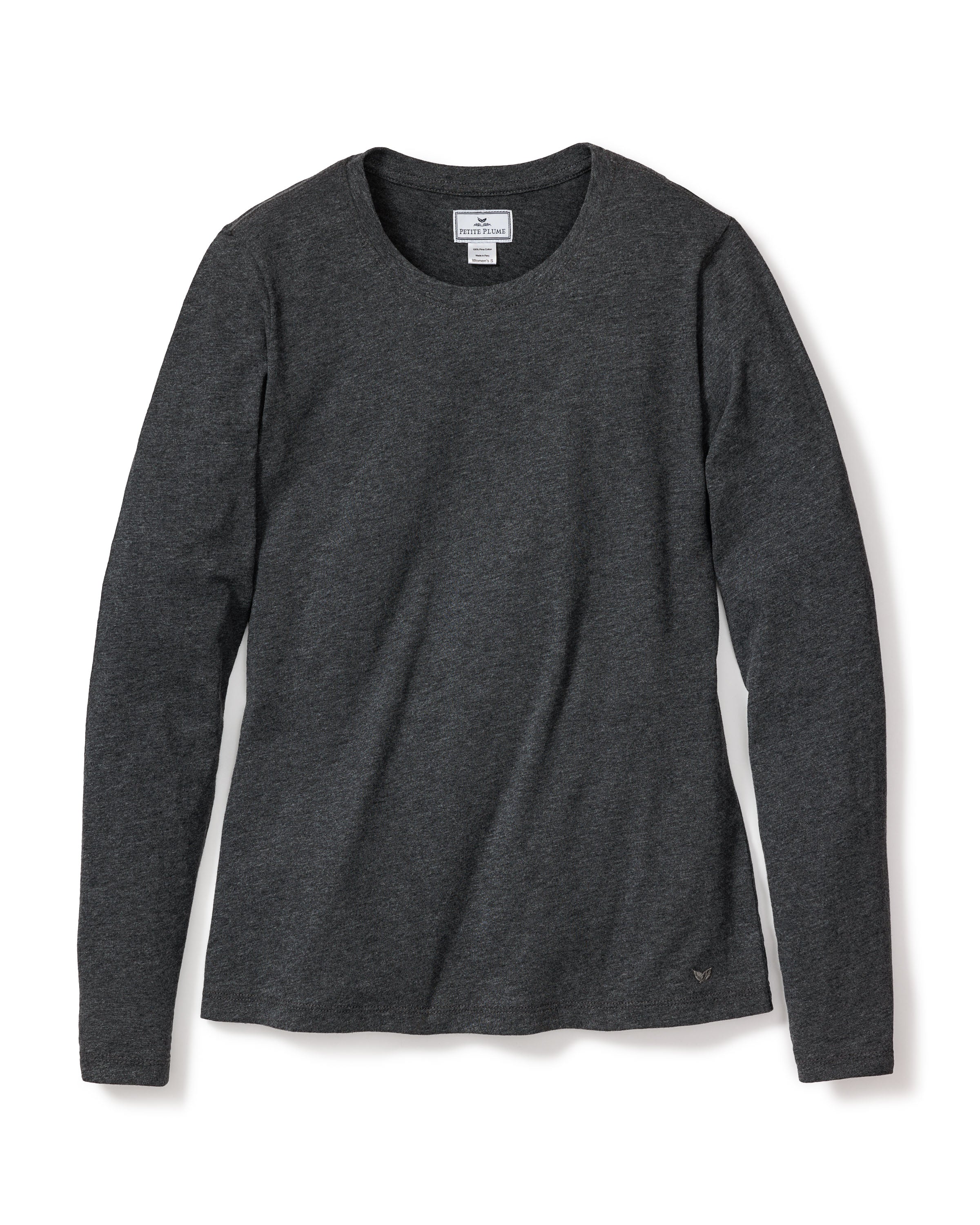 The Womens Pima Long Sleeve Top in Dark Heather Grey by Petite Plume, crafted from soft Pima cotton, features a plain crew neck design with no patterns or graphics, highlighting comfort and luxury on a white background.
