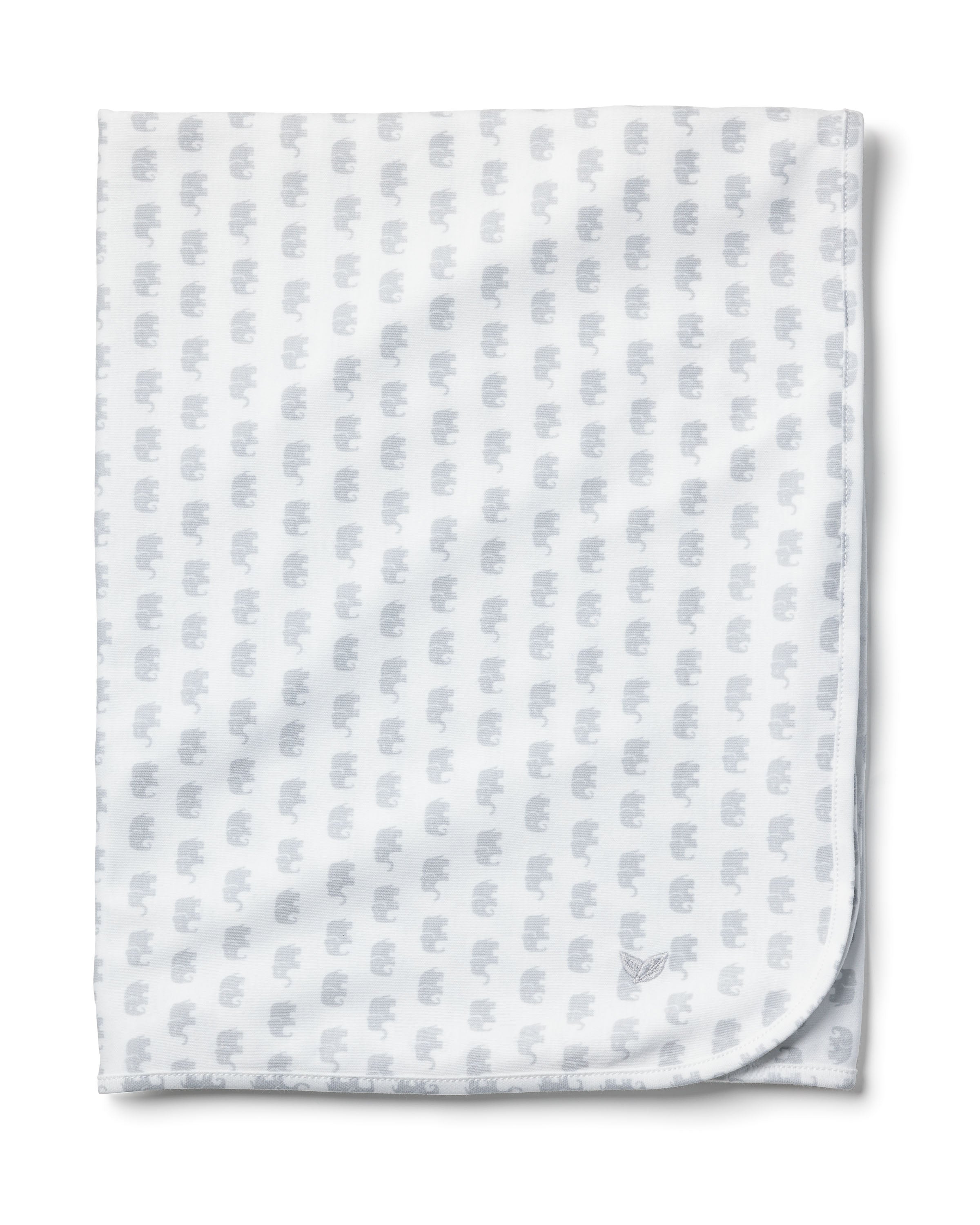 The Pima Baby Blanket in Grey Elephants by Petite Plume is luxuriously crafted from Peruvian Pima Cotton, featuring a charming pattern of gray elephants on white. With rounded corners and a neat border, it ensures your little ones comfort and style.