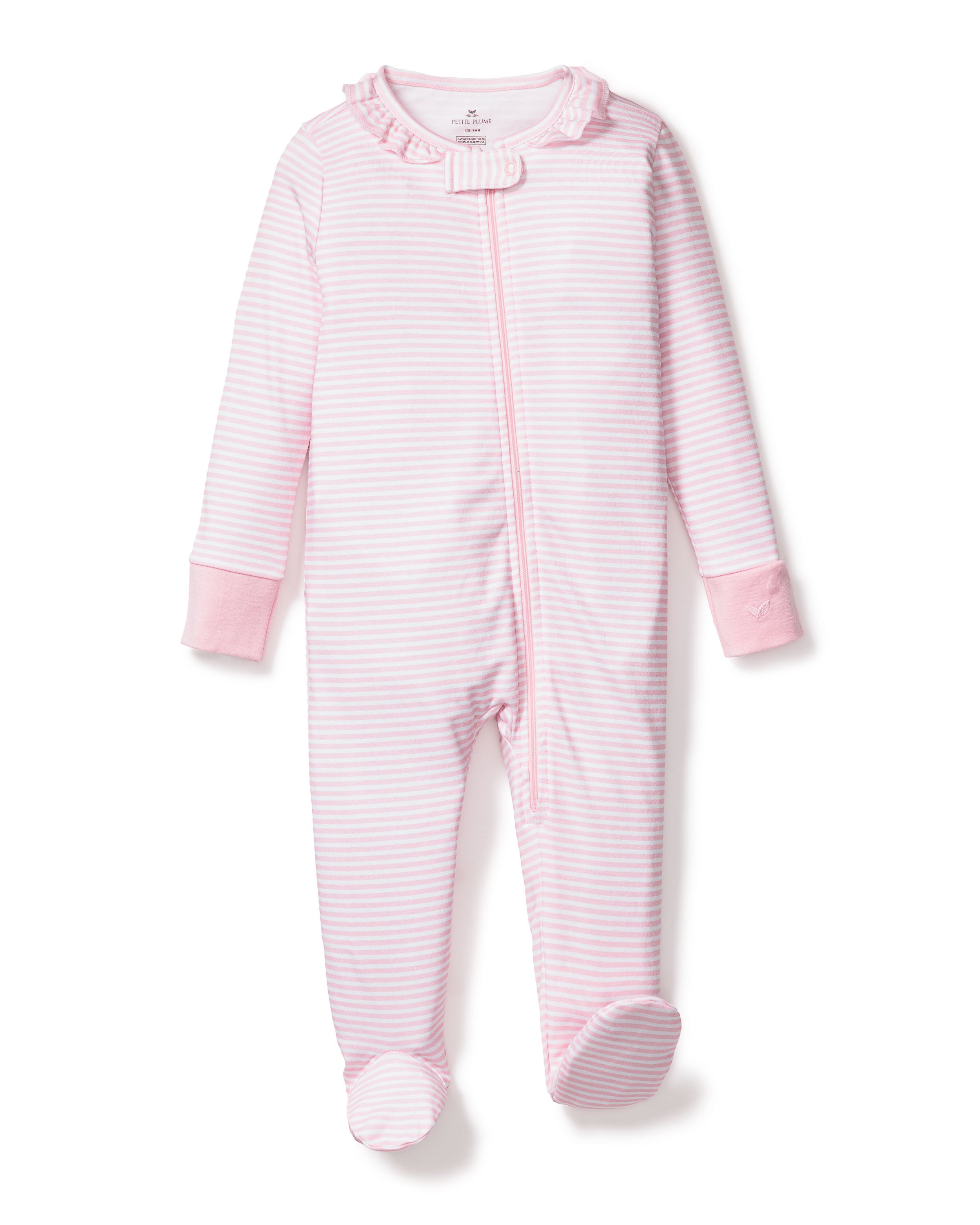 The Babys Pima Ruffle Collar Romper in Pink Stripes from Petite Plume features long sleeves, footed bottoms, and is crafted from soft Pima cotton. It includes a ruffled collar and cuffs with a front zipper for closure.