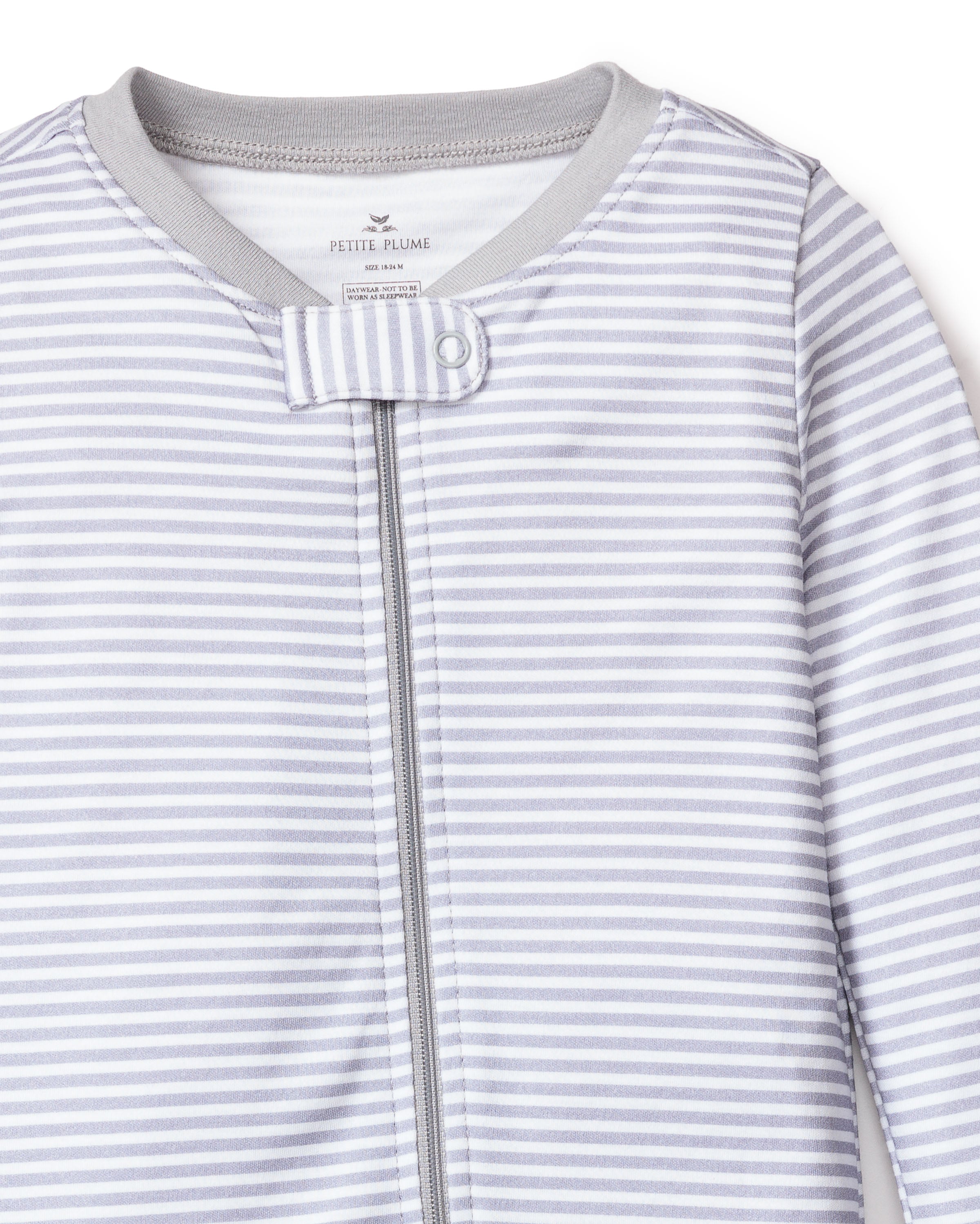 The Babys Pima Romper in Grey Stripes by Petite Plume is made of premium Pima cotton, featuring a front zipper and neck snap button, perfect for cozy sleepwear.