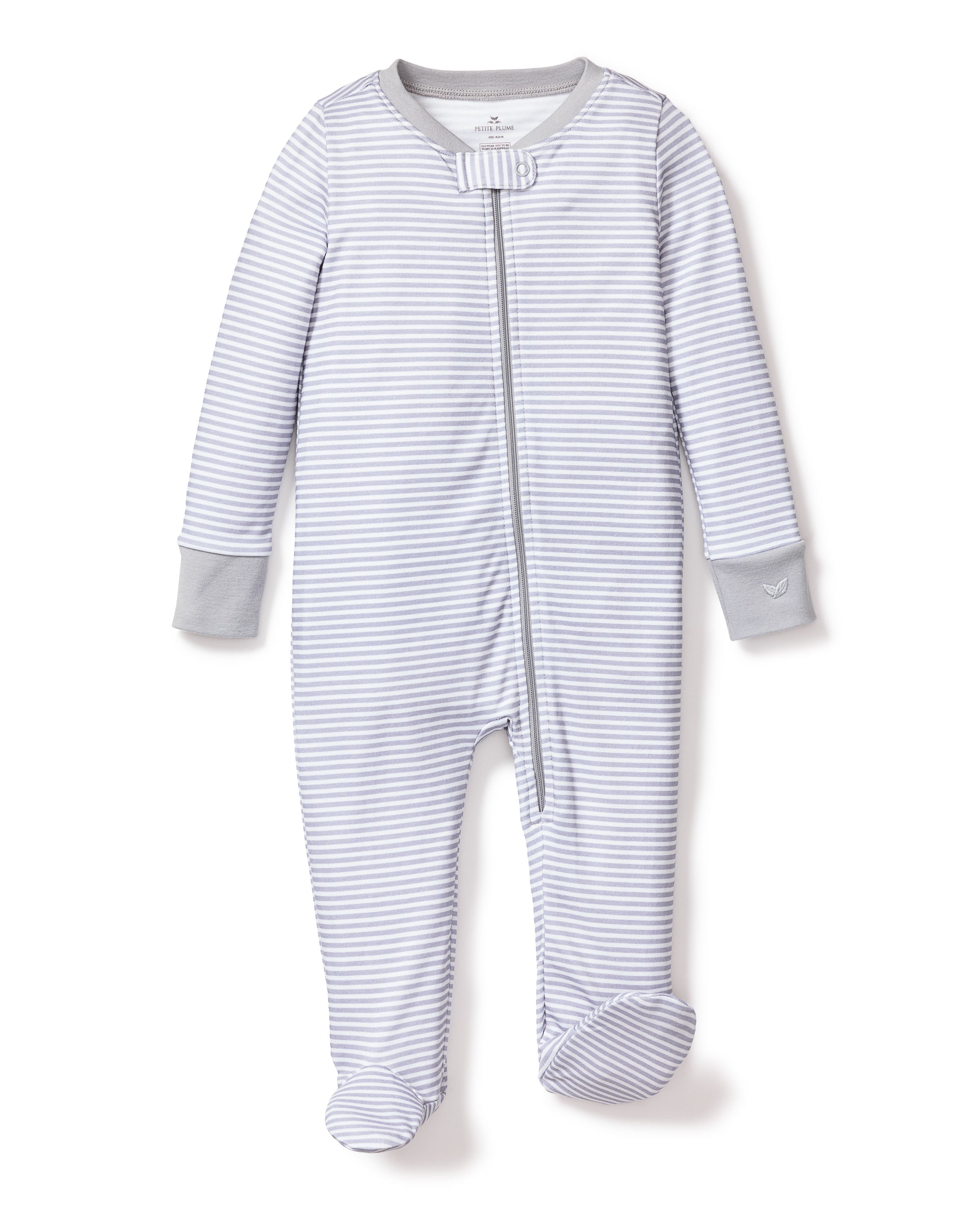 The Babys Pima Romper in Grey Stripes from Petite Plume is a cozy full-length, long-sleeve sleeper made of soft Pima cotton. It features solid gray cuffs, built-in footies, and a diagonal zipper running from the collar to the left foot for added comfort.
