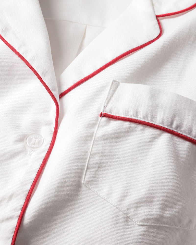 Women's Twill Pajama Set in White with Red Piping