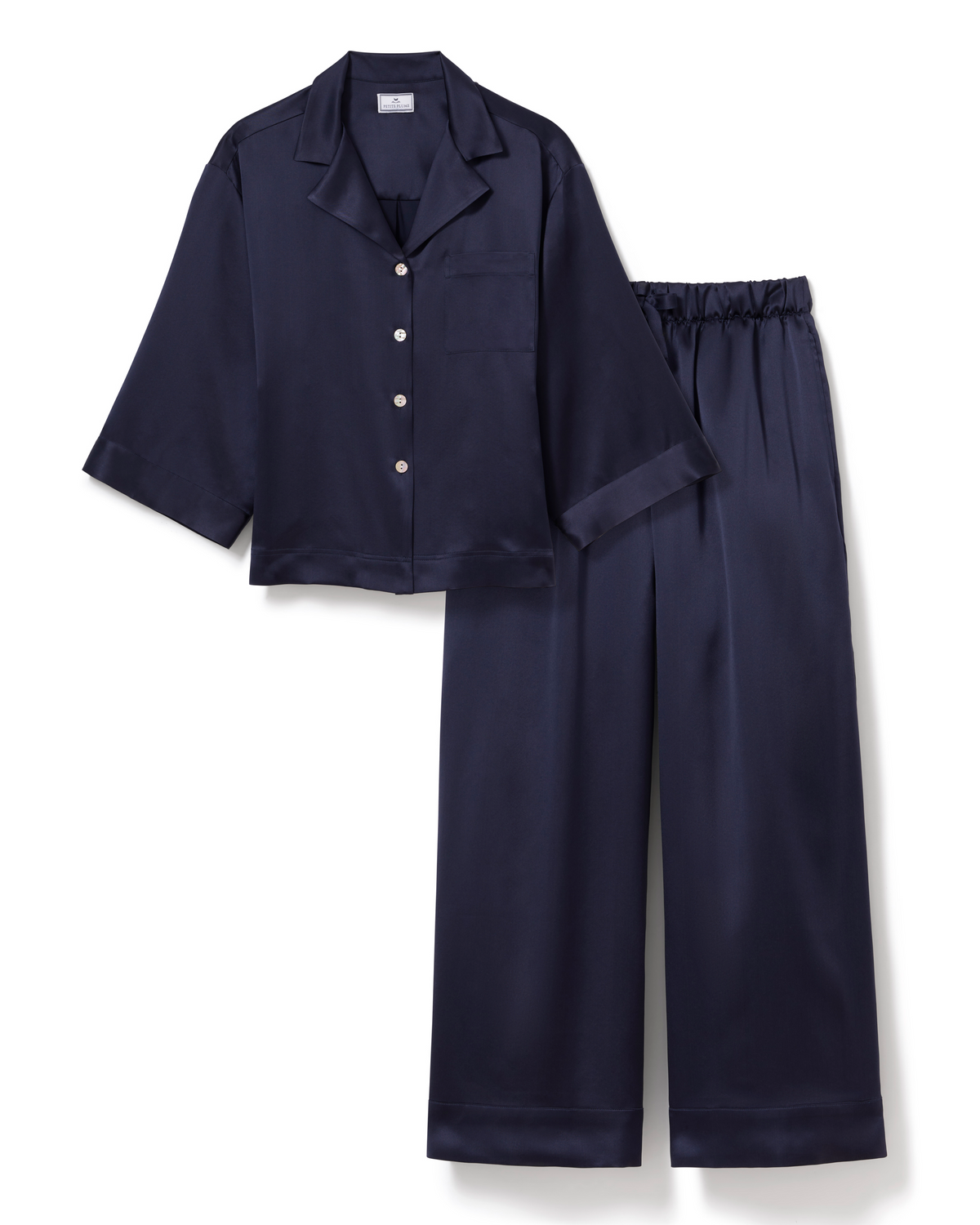 The Olivia Wide Leg Silk Pajama Set in Navy