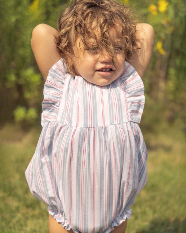 Baby's Twill Ruffled Romper in Vintage French Stripes