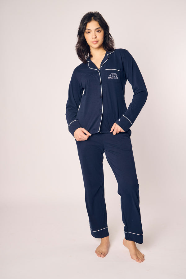 Women's Navy Pima Pajama Set with Strong as a Mother