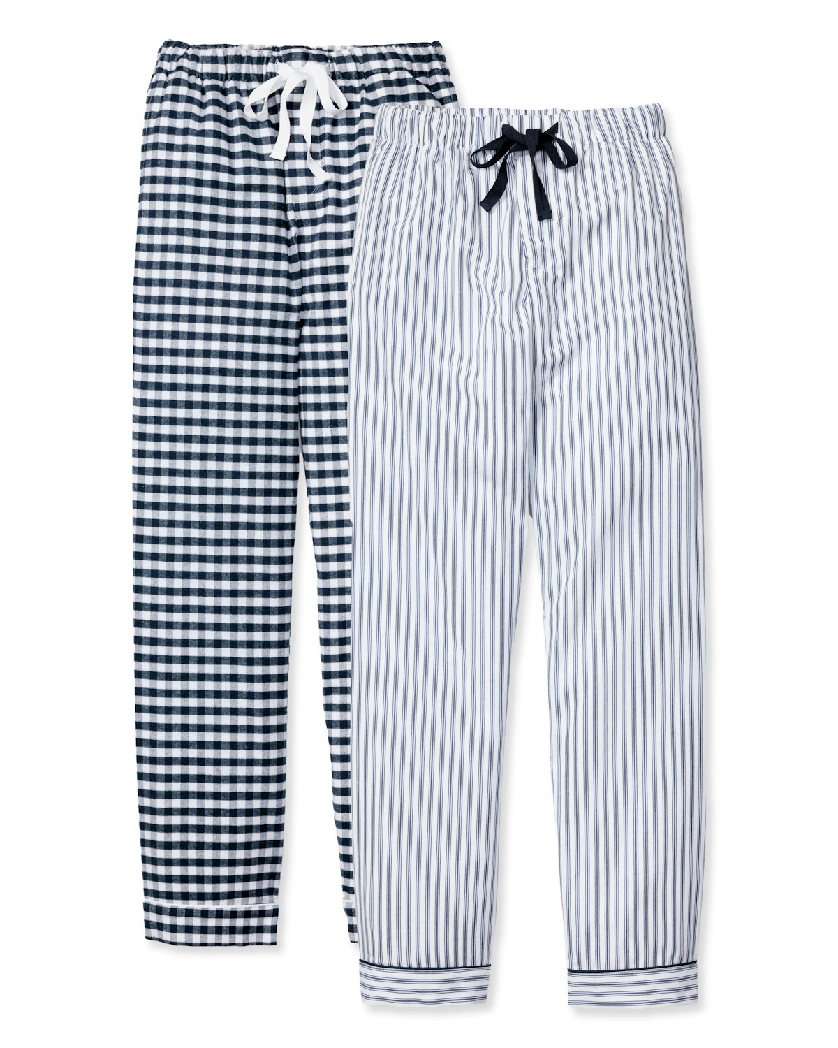The Men’s Twill Classic Navy Pajama Pant Duo by Petite Plume includes two pairs: one navy and white checkered with a white tie, and one classic navy striped with a black tie. Both offer elastic waistbands for relaxed comfort.