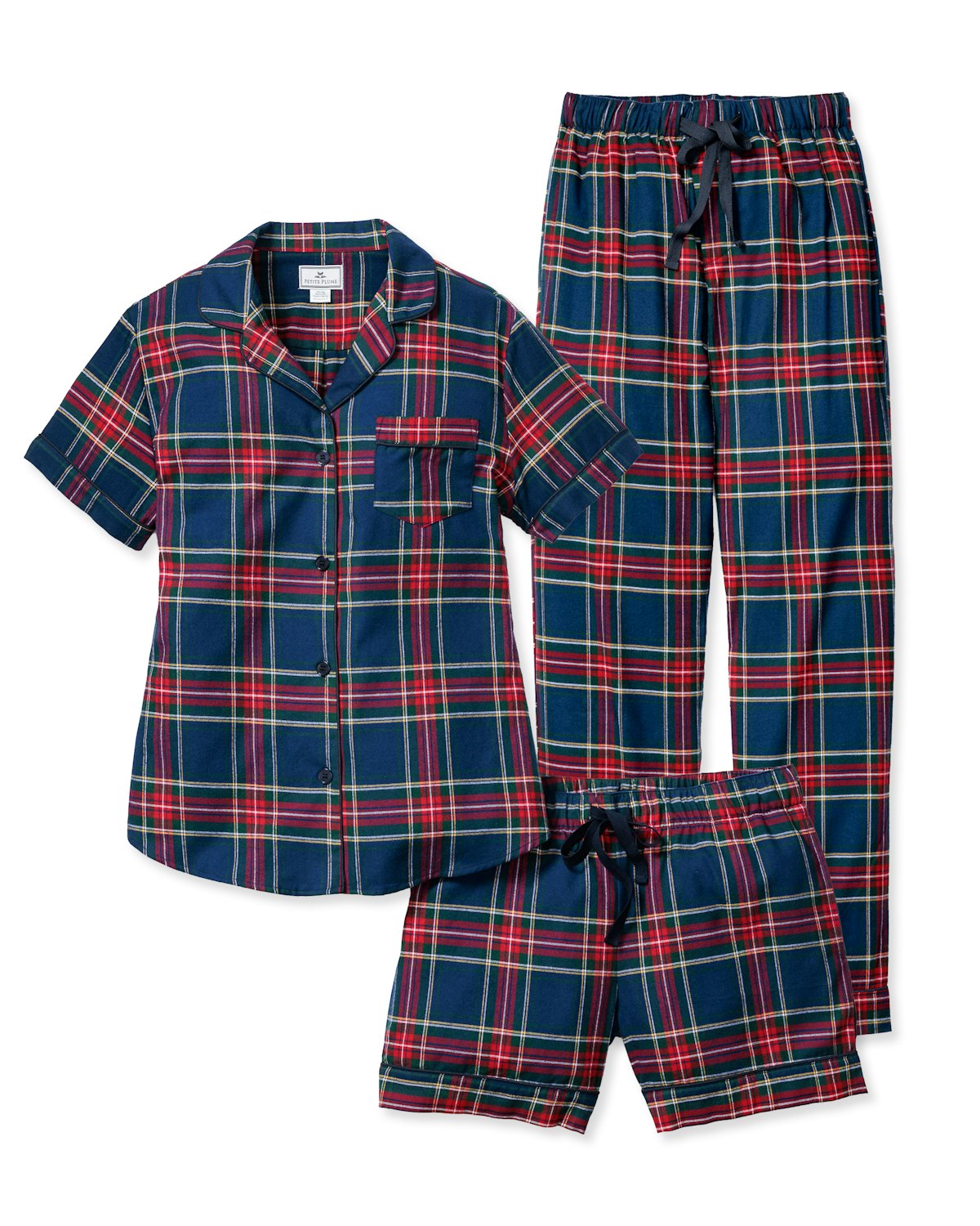 The Petite Plume Womens Brushed Cotton Windsor Tartan Pajama Short Set and Pants Duo offers ultimate comfort and style with a short-sleeve button-up top featuring a chest pocket, long pants, and shorts in classic green, red, and yellow plaid.