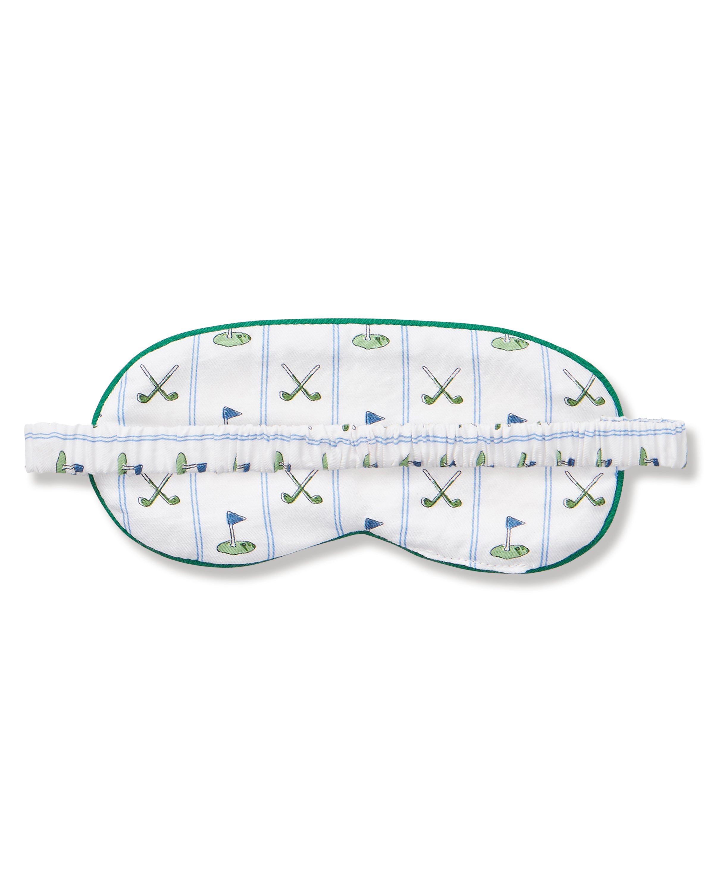 The Adult's Pima Sleep Mask in Fairway Stripe is a white sleep mask with green trim, decorated with golf clubs, balls, and putting greens. It features an adjustable strap and a small side tag.