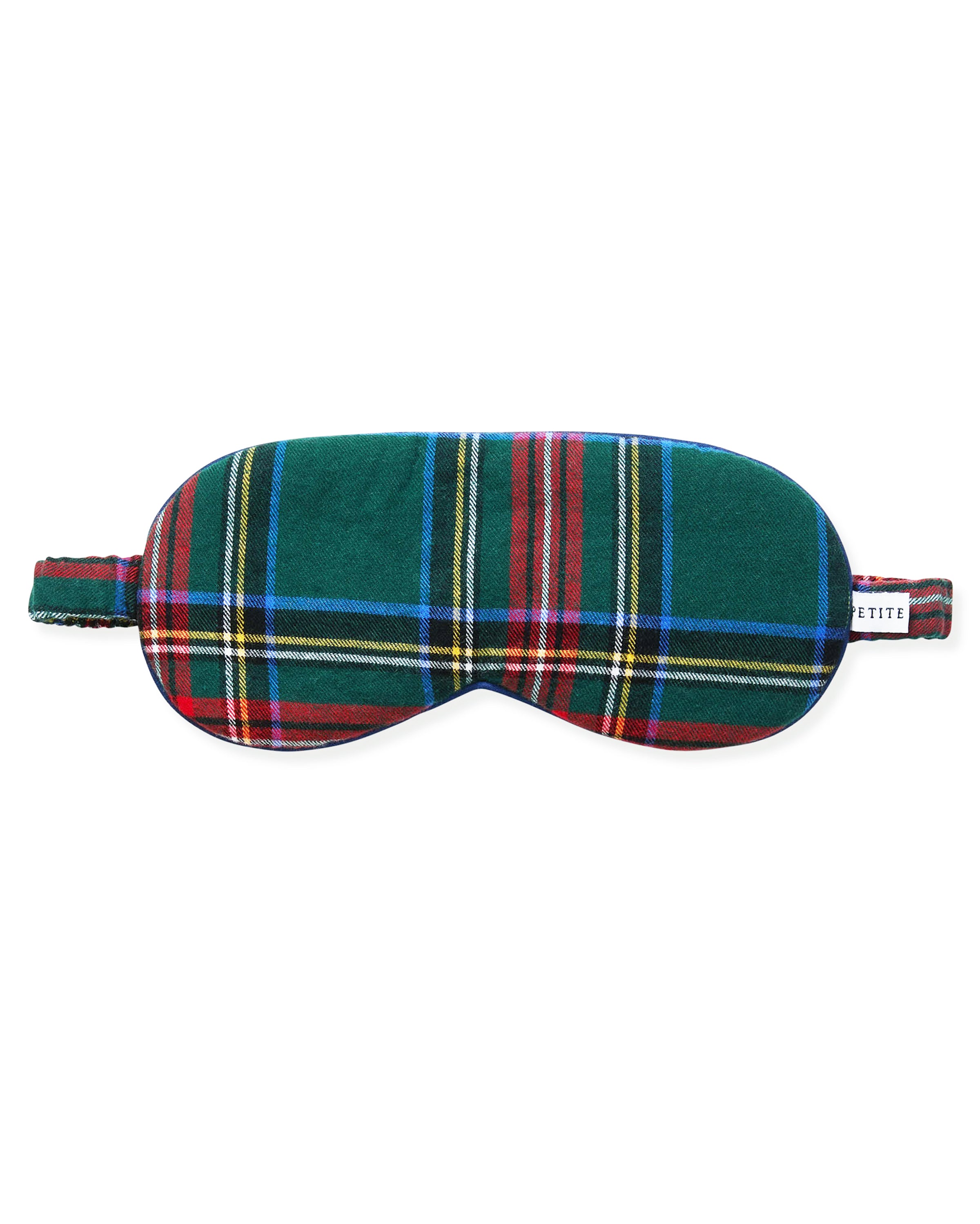 The Adult's Twill Sleep Mask in Kensington Tartan features a green, red, and blue plaid pattern, an elastic strap, and a small white side tag, shown against a white background.