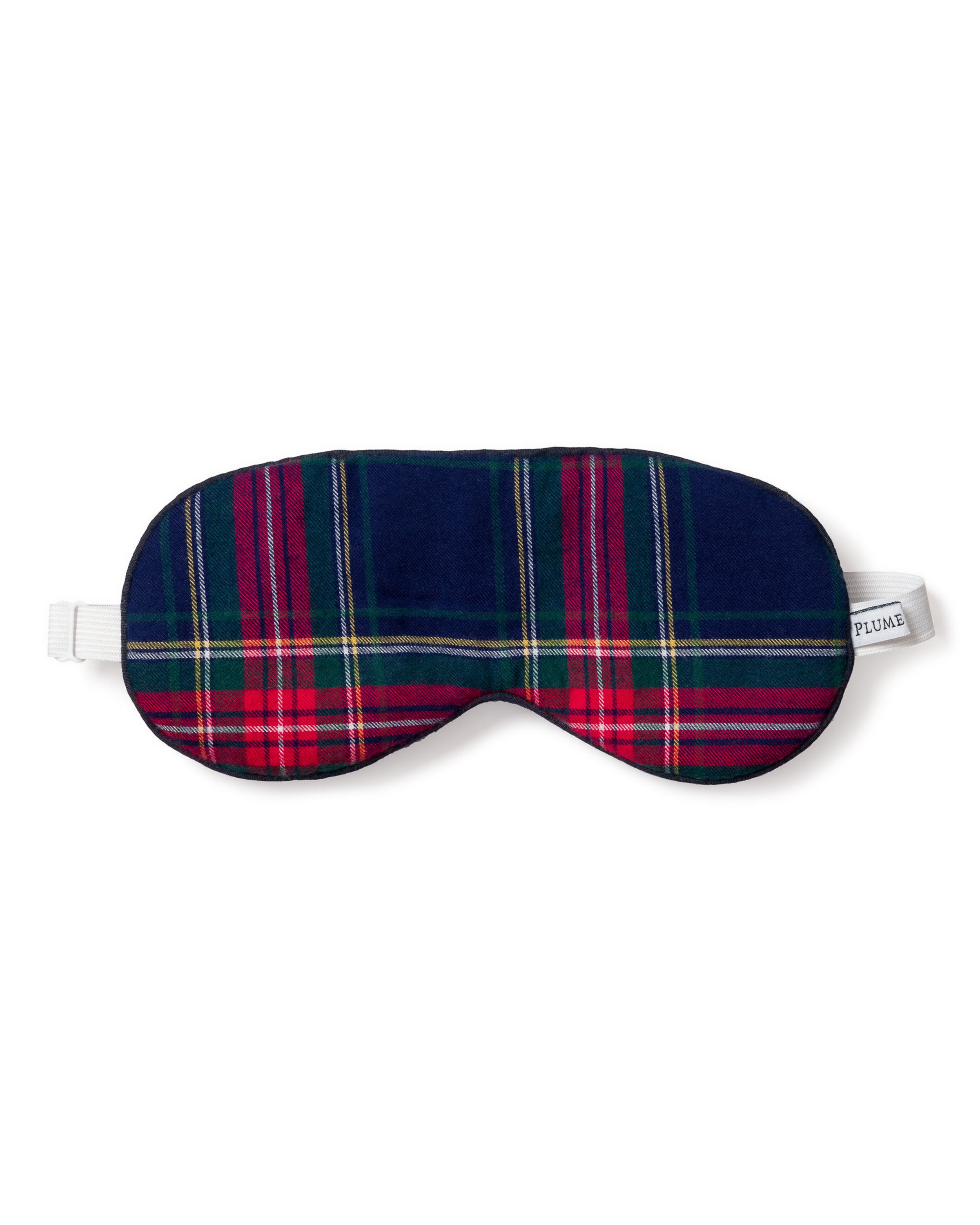 Experience luxury with Petite Plumes Adults Brushed Cotton Sleep Mask in Windsor Tartan. Featuring dark blue, red, and green stripes with an adjustable white elastic strap, this elegant mask can be personalized as a monogrammed gift for sleep enthusiasts.