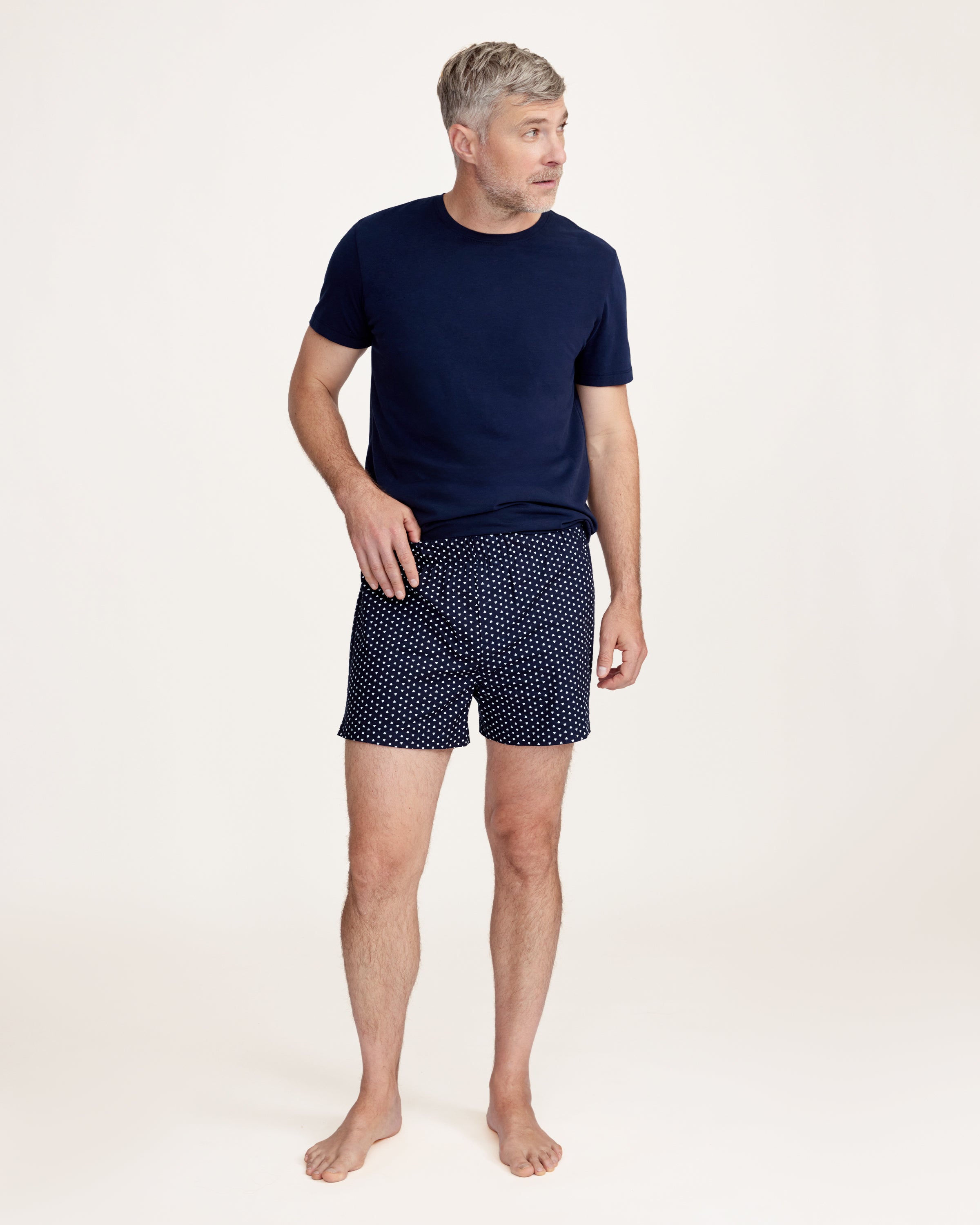 Men's Twill 3 Pack Boxers in Midnight Hearts, White, and Navy French Ticking, arranged overlapping on a white background.
