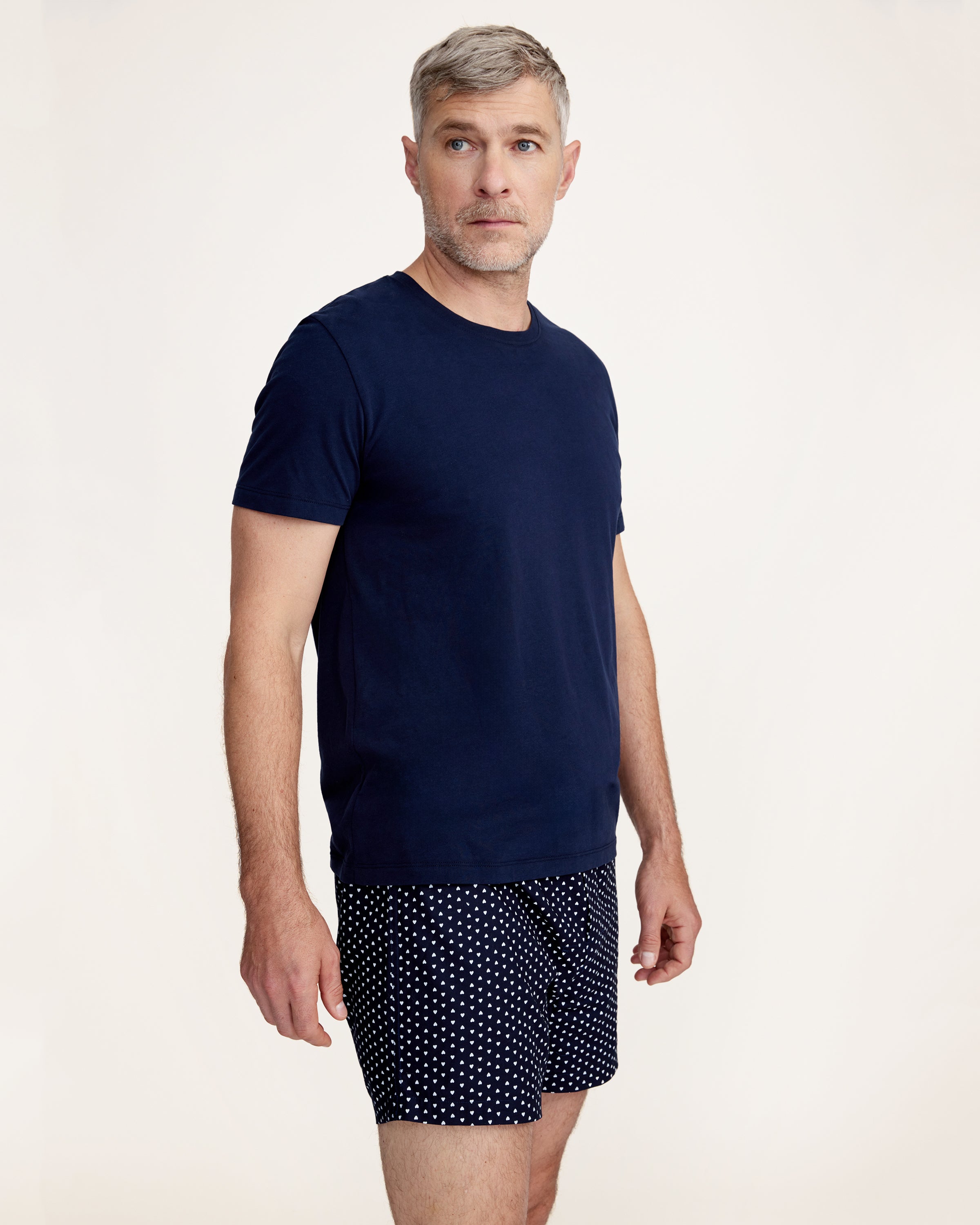 Men's Twill 3 Pack Boxers in Midnight Hearts, White, and Navy French Ticking, arranged overlapping on a white background.