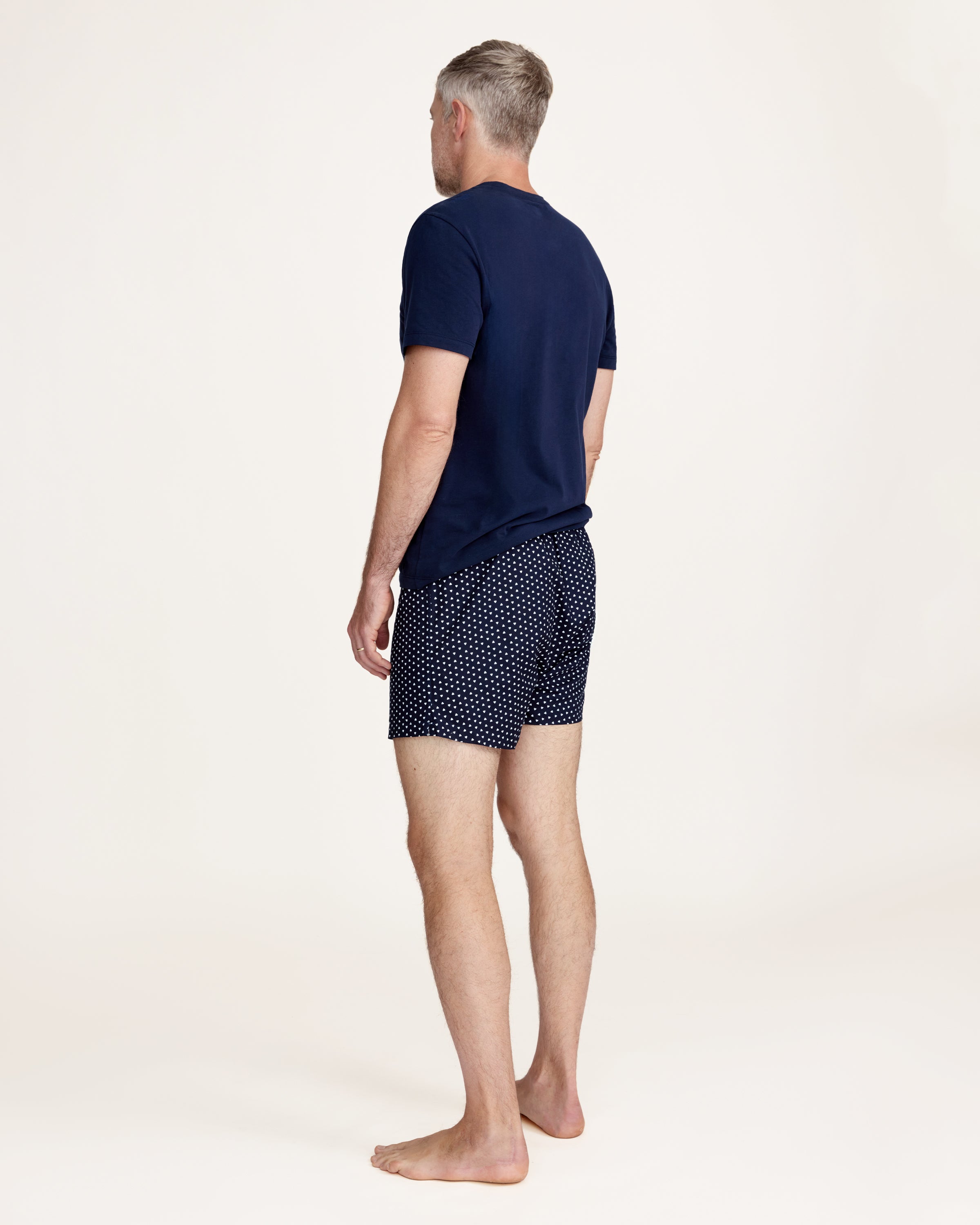 Men's Twill 3 Pack Boxers in Midnight Hearts, White, and Navy French Ticking, arranged overlapping on a white background.