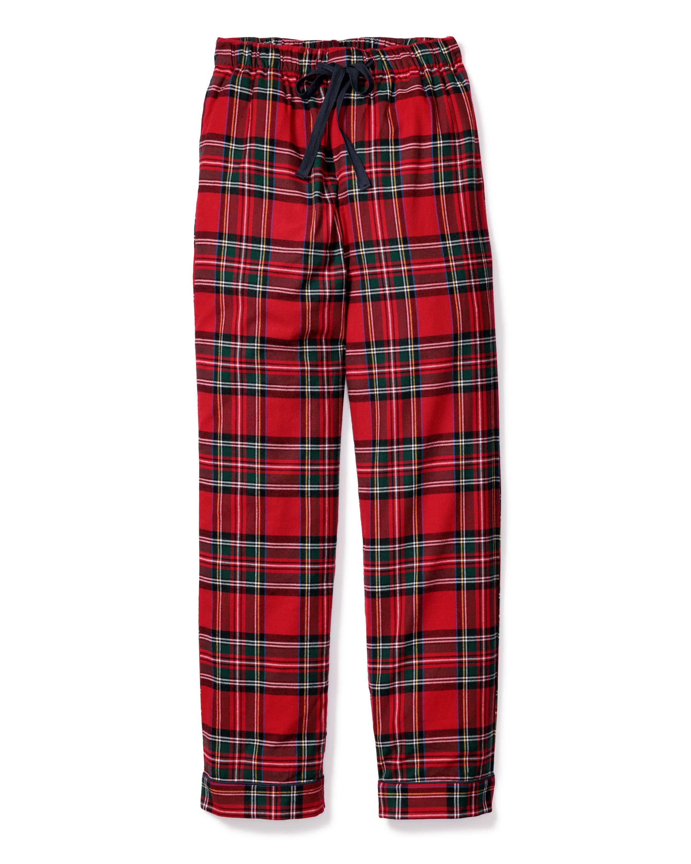 Petite Plumes Mens Brushed Cotton Pants in Imperial Tartan offer a luxurious sleepwear experience with their red and black plaid pattern accented in green, featuring an elastic waistband and black drawstring.