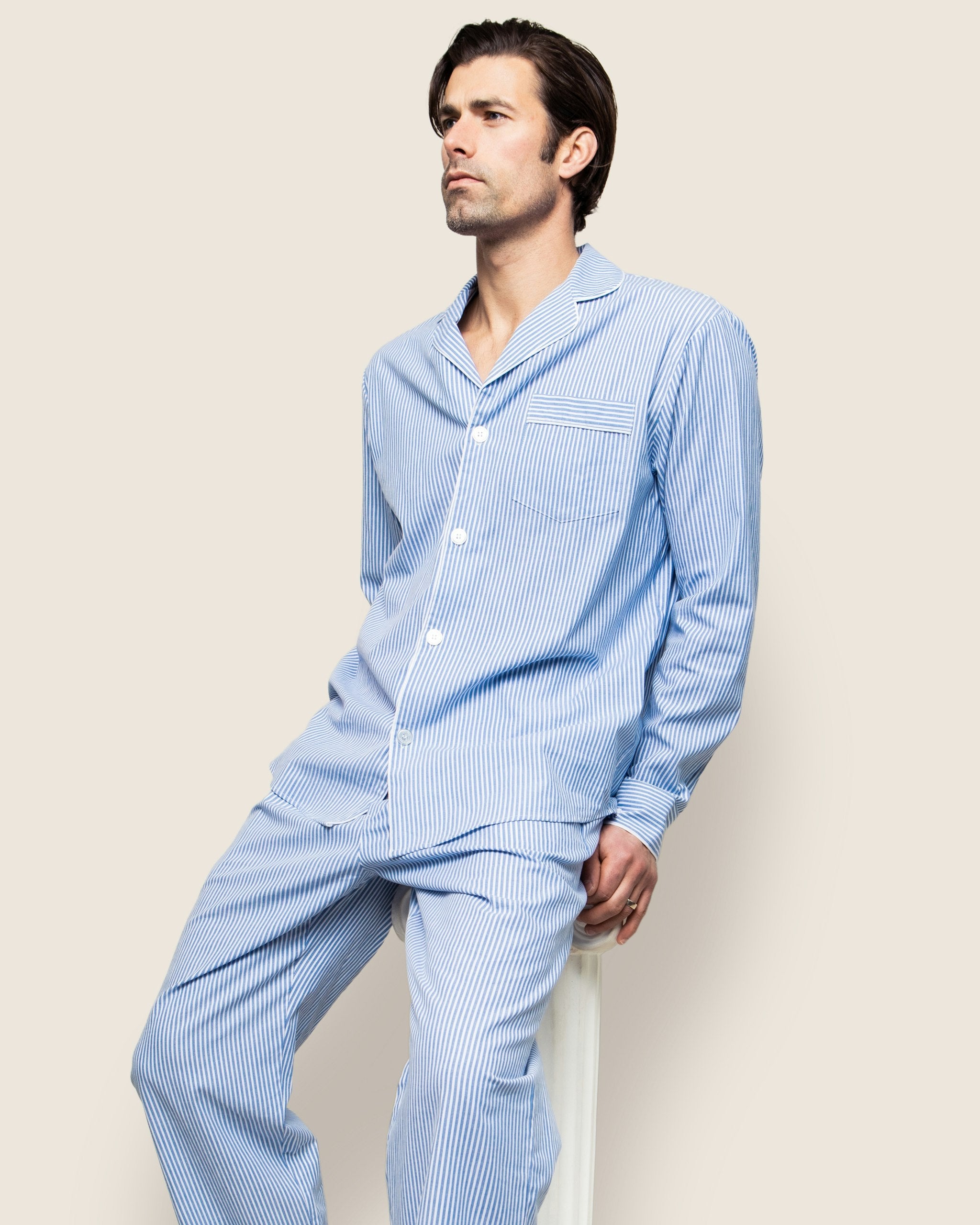 Men's French Blue Seersucker Pajama Set in French Blue Stripes#Color_French Blue Stripes