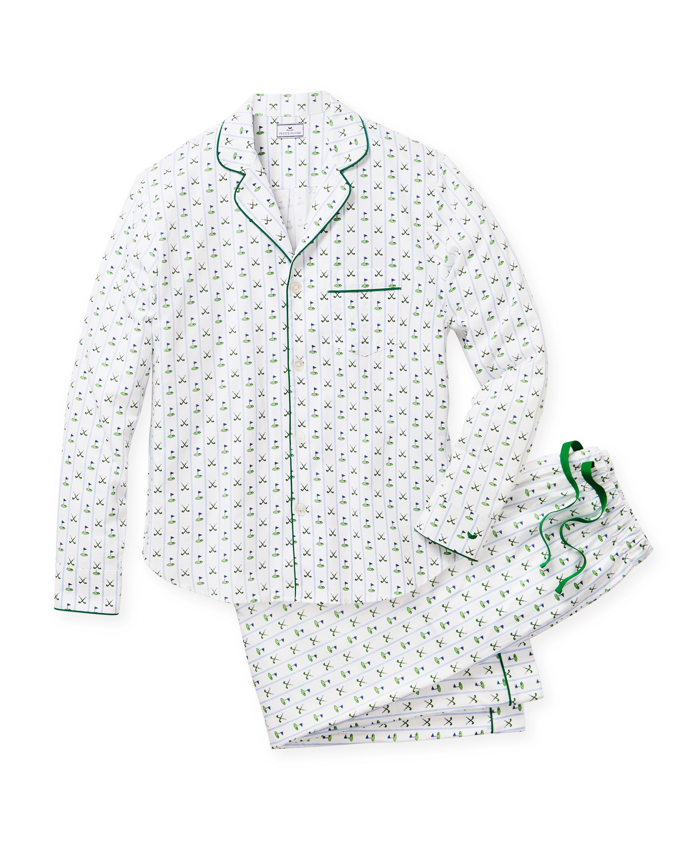 Men's Twill Pajama Set in Fairway Stripe, featuring a small green anchor pattern, green piping, chest pocket, and elastic waistband with green drawstring pants. The set is displayed neatly on a white background.