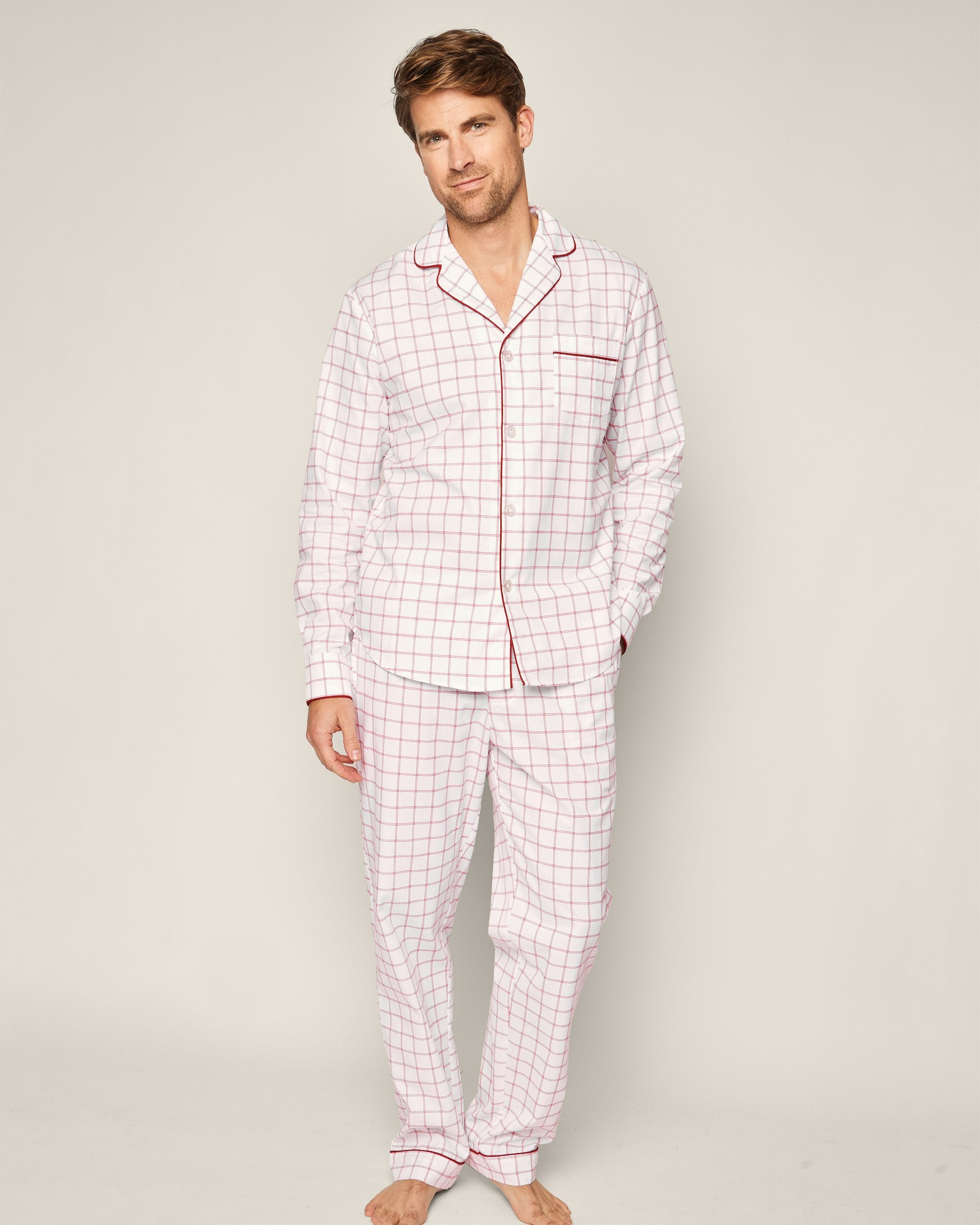 Men's Twill Pajama Set in Seafarer Tartan in Garnet Tattersall#Color_Garnet Tattersall