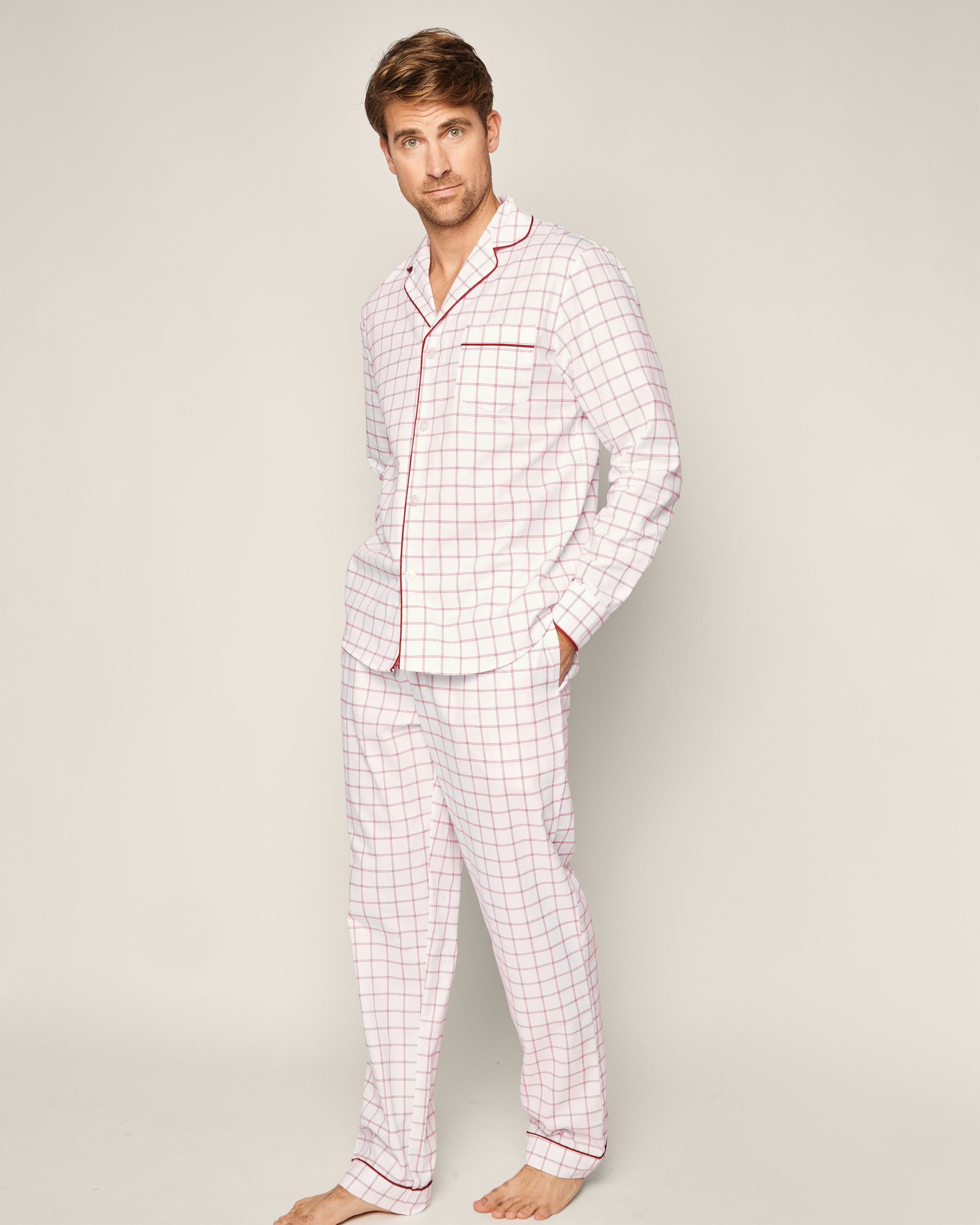 Men's Twill Pajama Set in Seafarer Tartan in Garnet Tattersall#Color_Garnet Tattersall