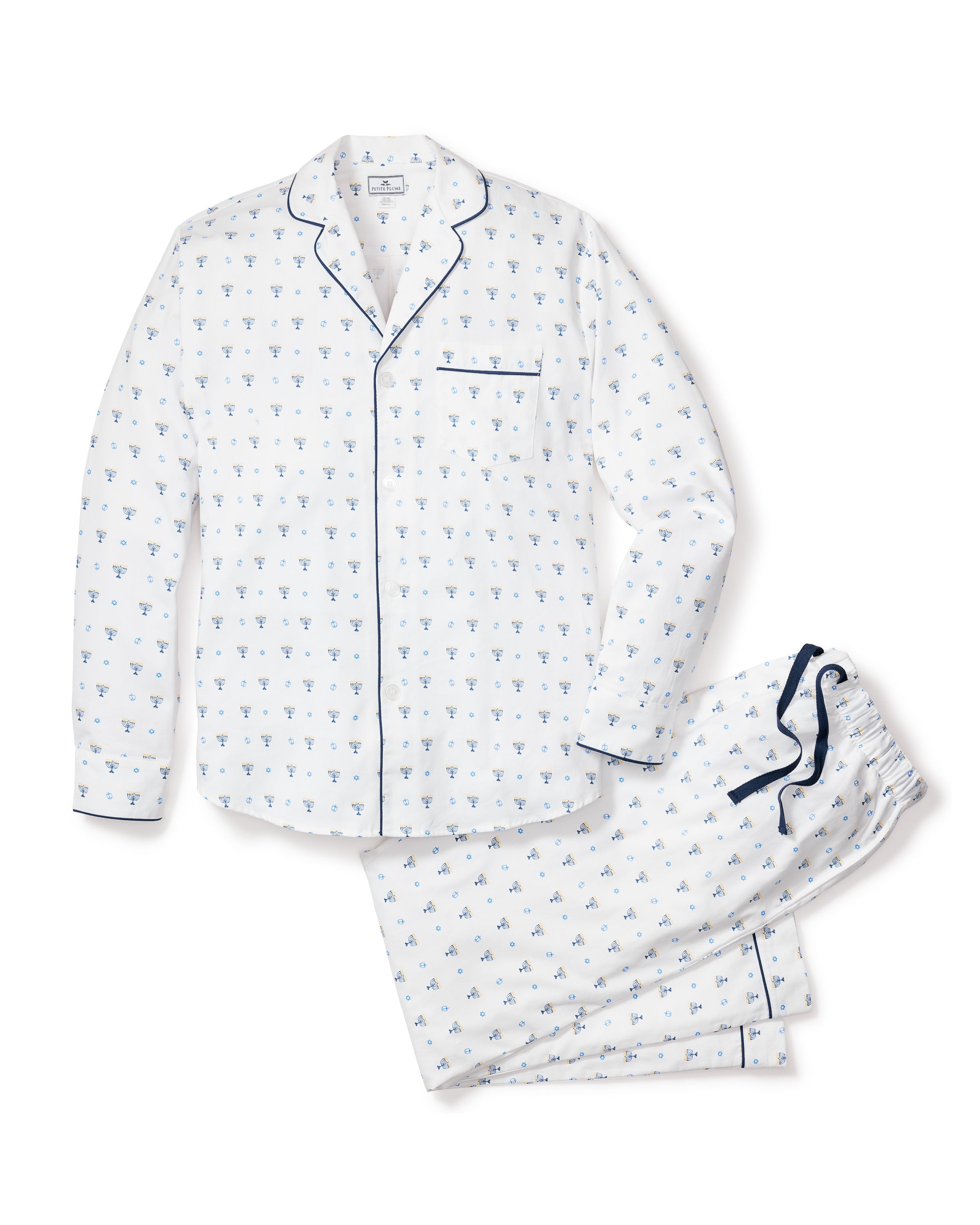 The Mens Twill Pajama Set in Happy Hanukkah from Petite Plume features a white cotton twill with a blue cocktail glass pattern, including a long-sleeve buttoned shirt with chest pocket, matching drawstring pants, and navy piping—perfect for Hanukkah celebrations.