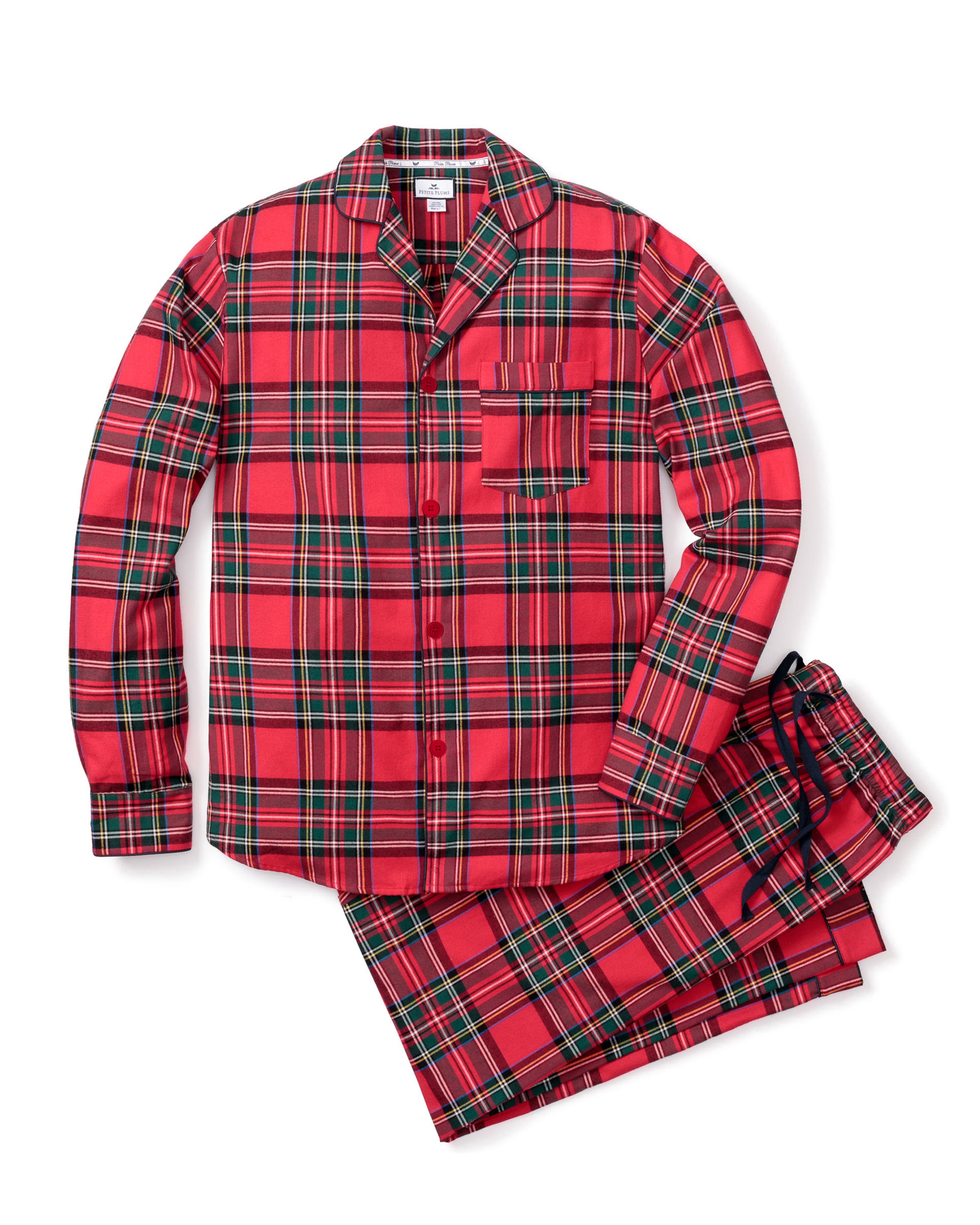 The Mens Brushed Cotton Pajama Set in Imperial Tartan by Petite Plume features a button-up long-sleeved top with a chest pocket and matching pants in red plaid, highlighted by green and black stripes for a classic Scottish plaid look. The flannel set is displayed on a white background.