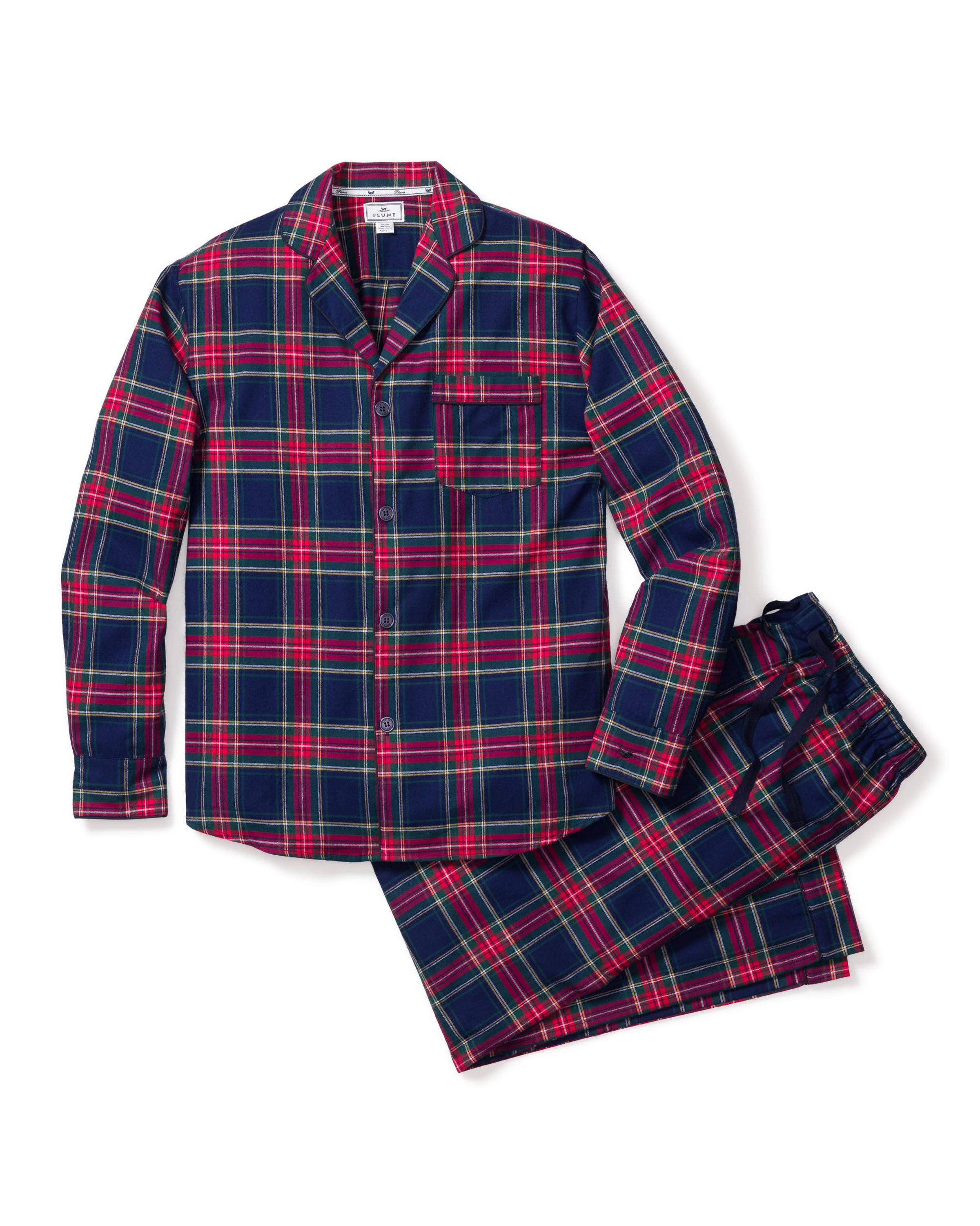The Petite Plume Mens Brushed Cotton Pajama Set in Windsor Tartan features premium flannel in a red, green, and blue plaid. It includes a long-sleeved button-up shirt with a chest pocket and matching pants with an elastic waistband for supreme comfort.