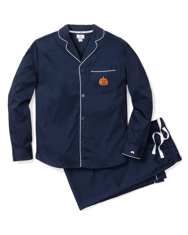 Halloween Limited Edition - Men's Navy Flannel Pajama Sets with Jack-o-Lantern Embroidery