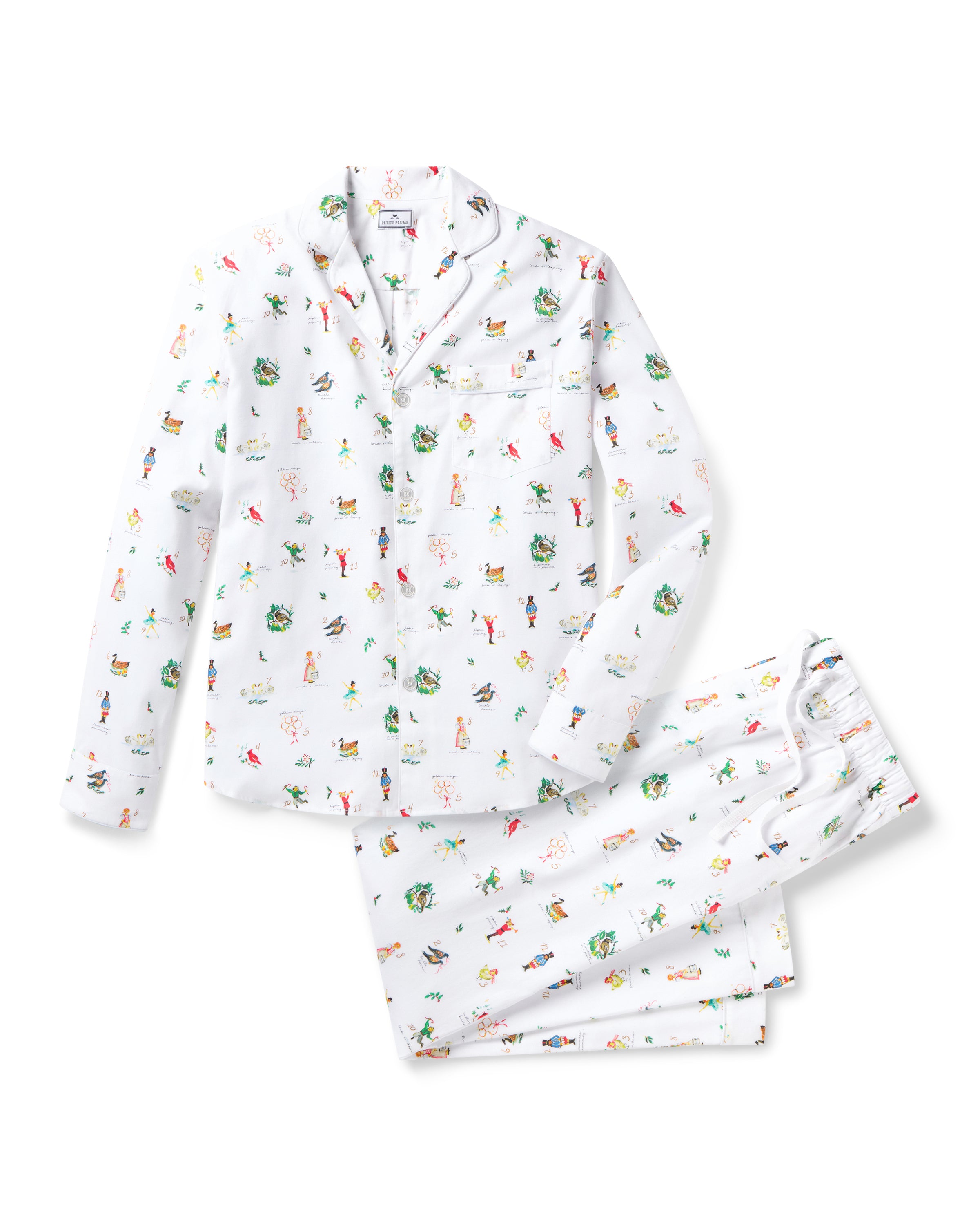 Men's Twill Pajama Set in 12 Days of Christmas: white button-up top and matching pants with a festive print featuring playful animals, palm trees, and people in various poses scattered across the fabric.