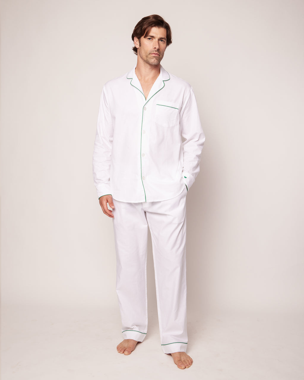 Men's Twill Pajama Set in White with Green Piping – Petite Plume