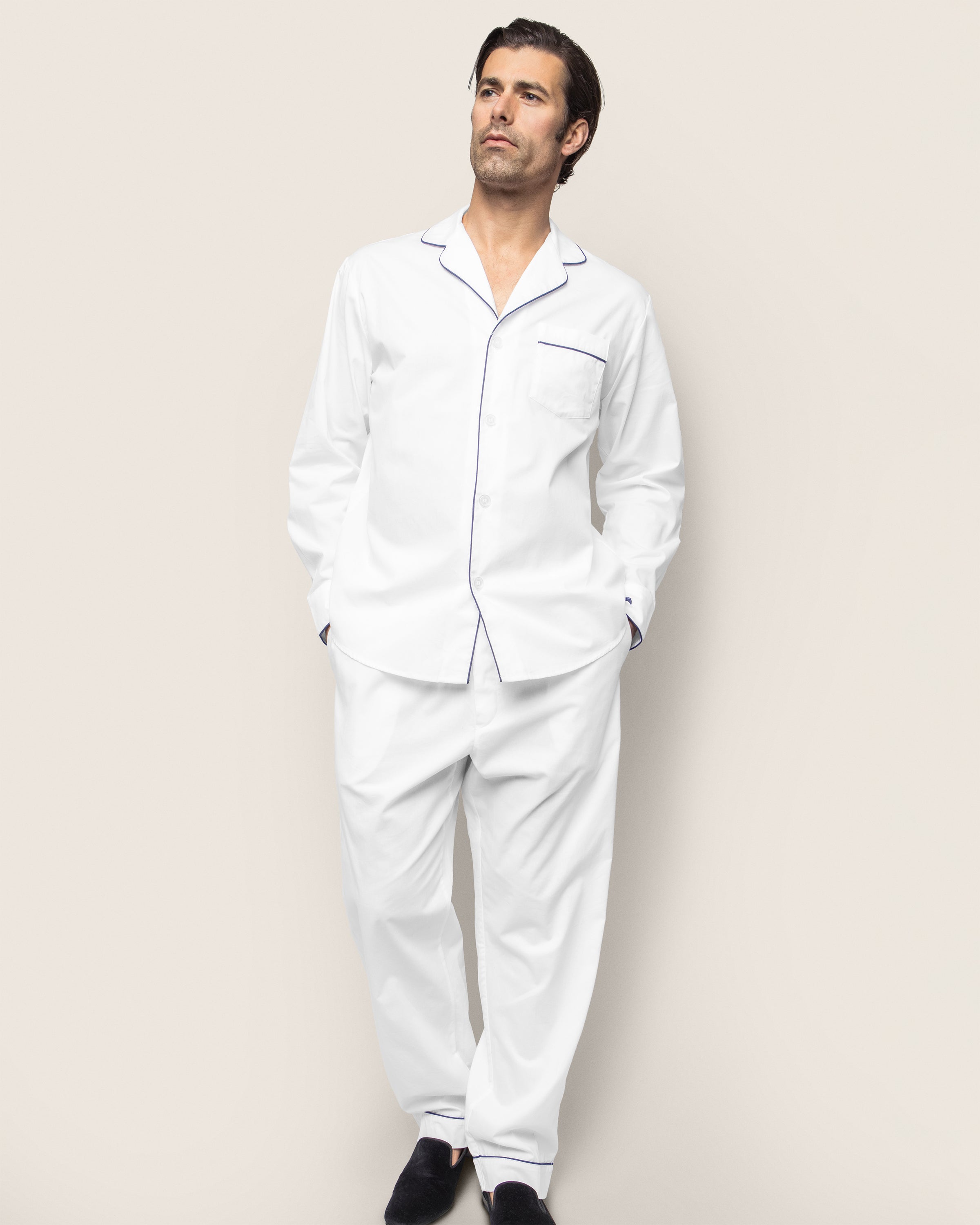 Men's Twill Pajama Set in White with Green Piping in White with Navy Piping#Color_White with Navy Piping