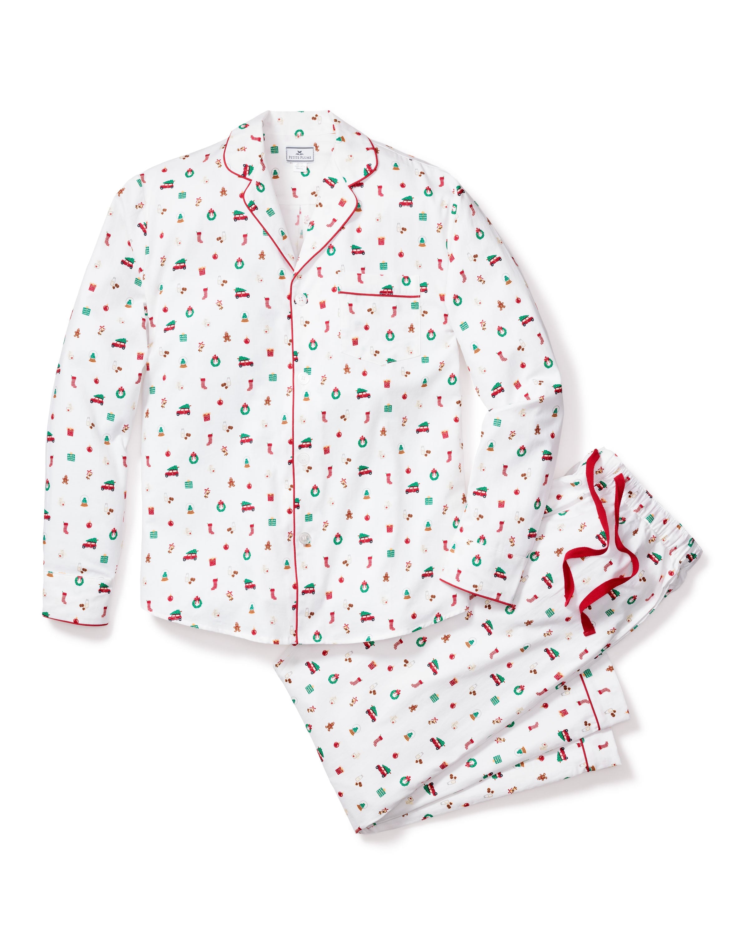 Petite Plumes Mens Twill Pajama Set in Winter Nostalgia features top-quality cotton with festive red and green holiday icons. It includes a long-sleeve button-up shirt with a chest pocket and matching pants accented by Christmas bells and a red drawstring.