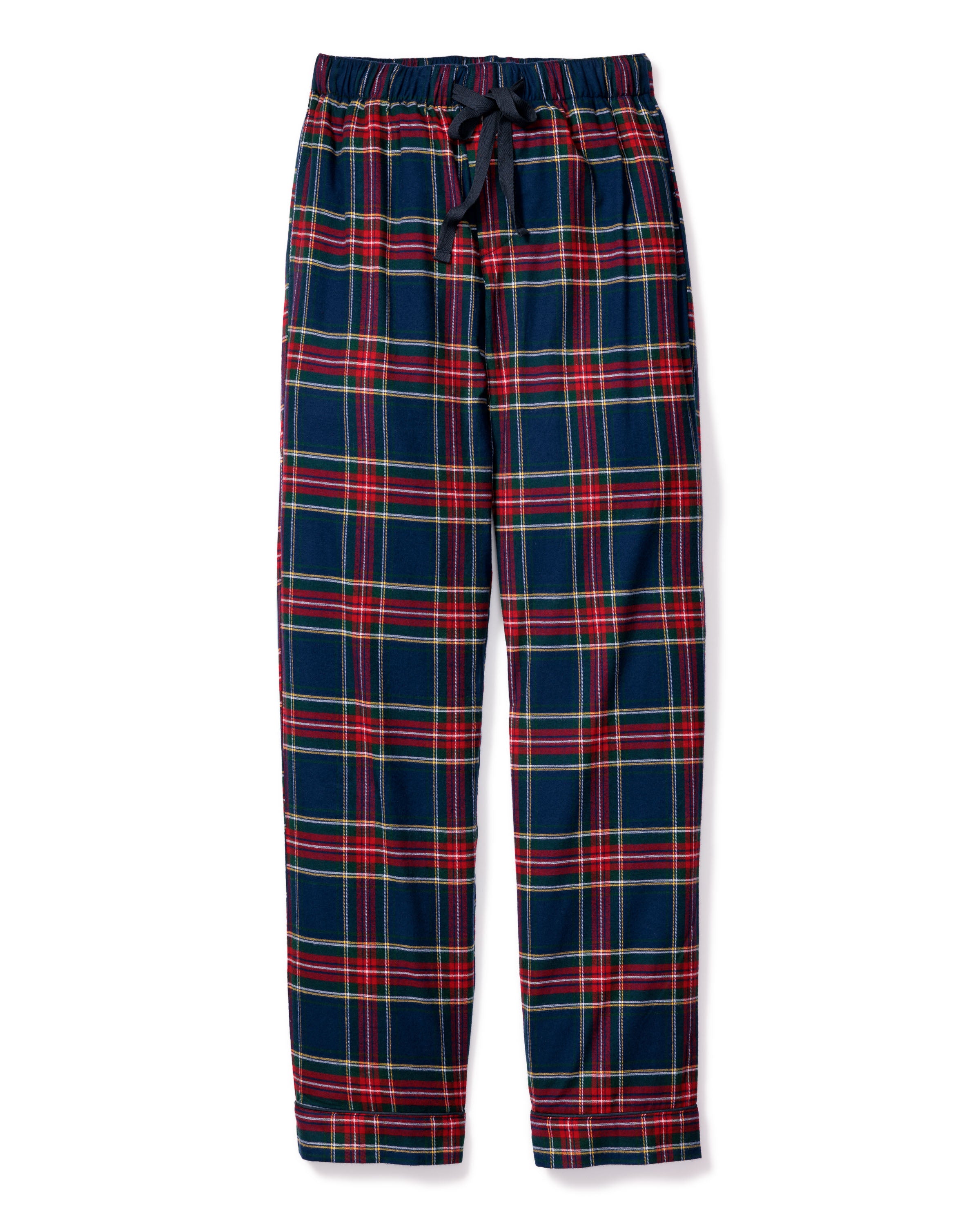 These Mens Brushed Cotton Pants from Petite Plume, designed in Windsor Tartan, feature an elastic waistband and a black drawstring, making them perfect cozy sleepwear.