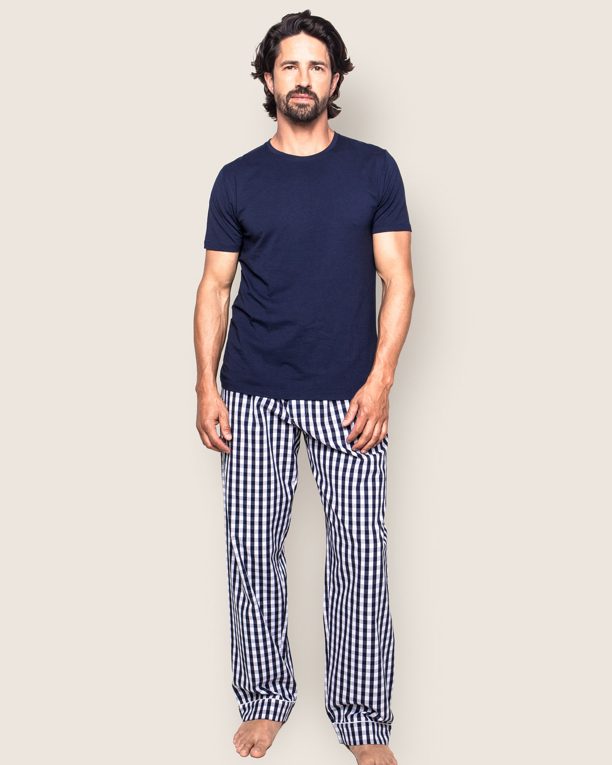 Men's Navy Gingham Twill Pajamas | Petite Plume