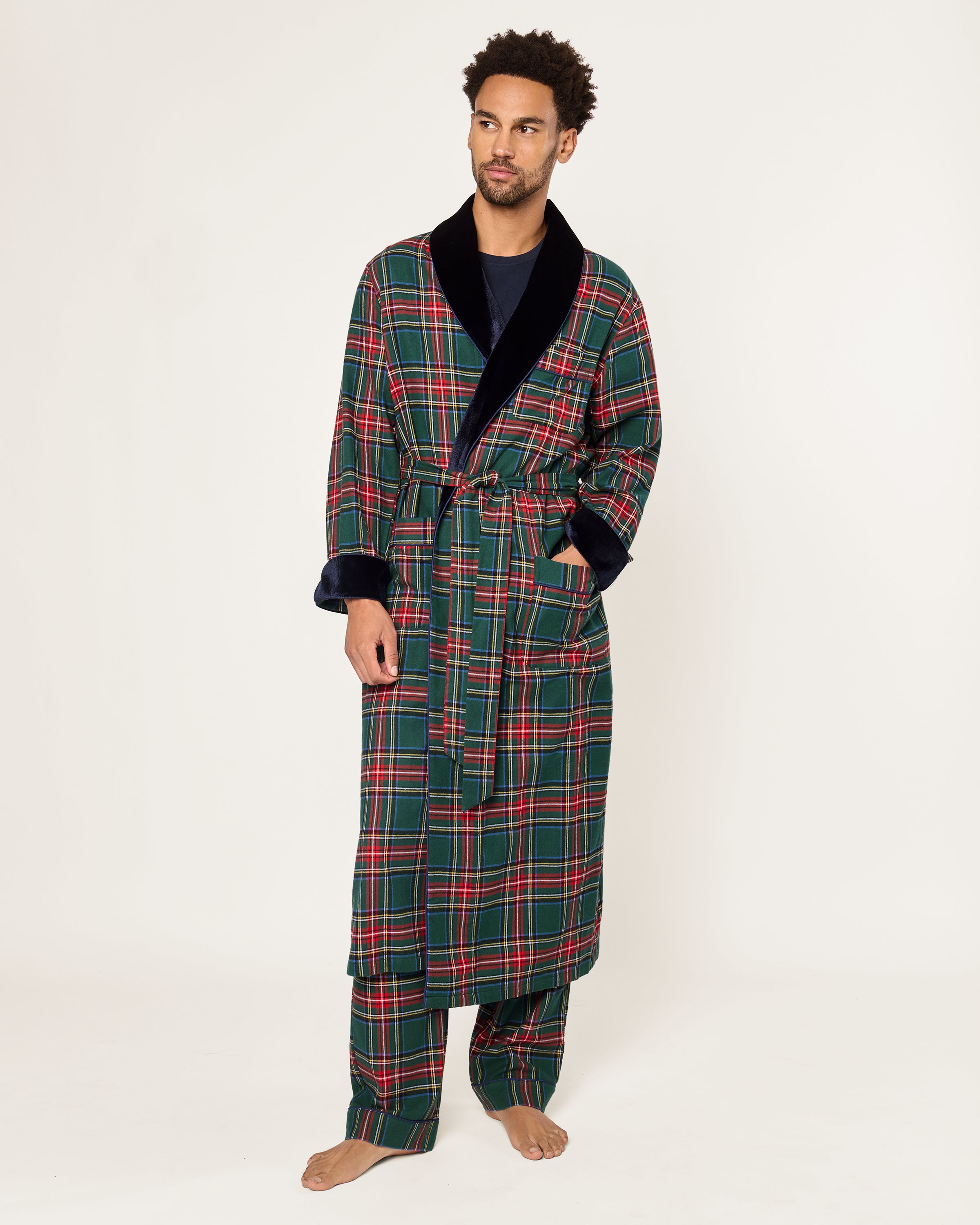 Men's Brushed Twill Velvet Trim Robe in Kensington Tartan