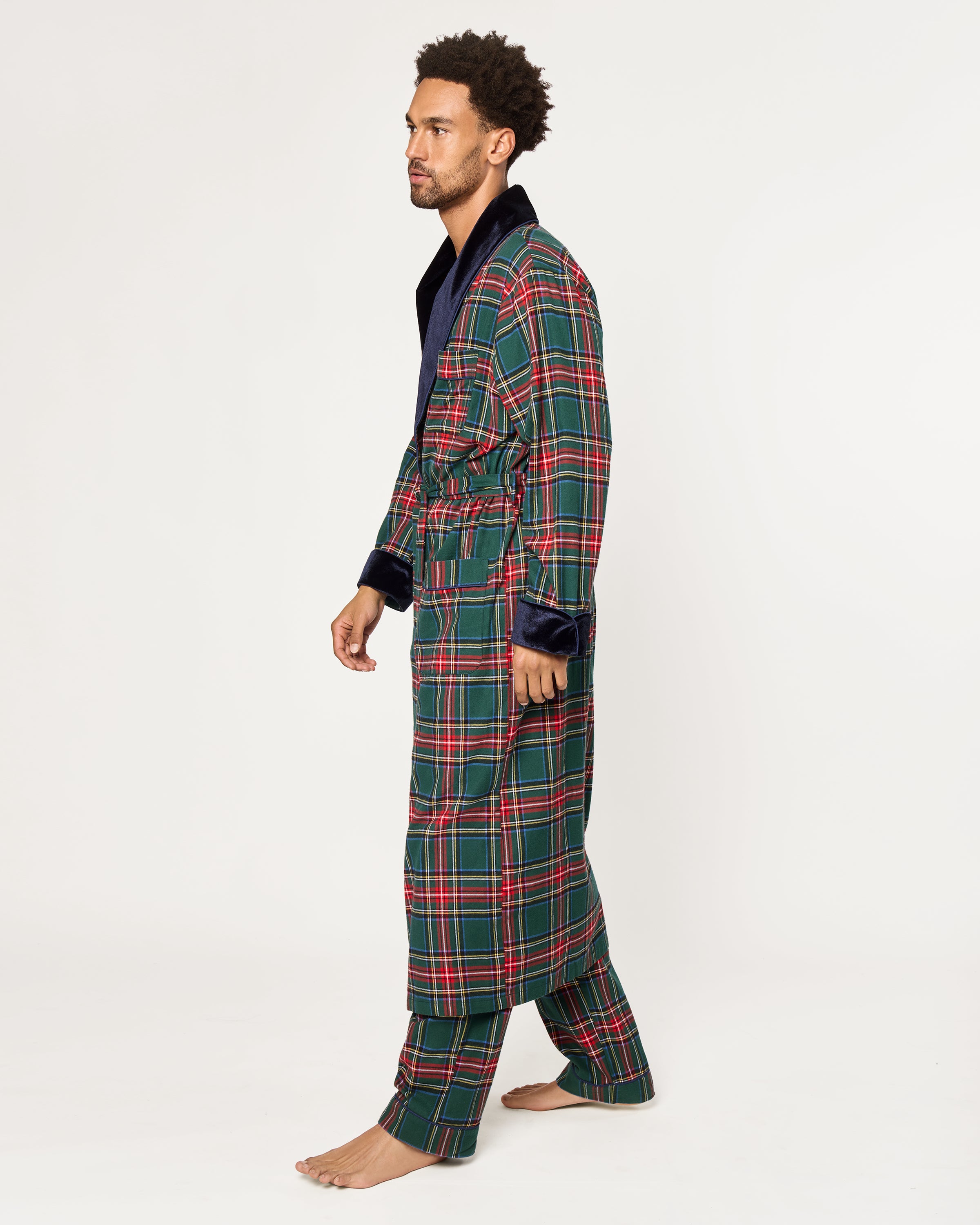 Men's Brushed Twill Velvet Trim Robe in Kensington Tartan
