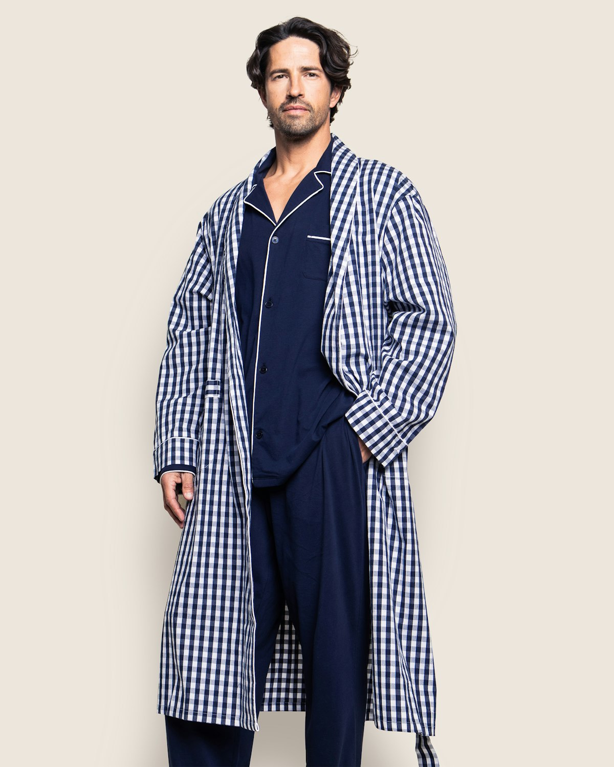 Men's Navy Gingham Robe Petite Plume