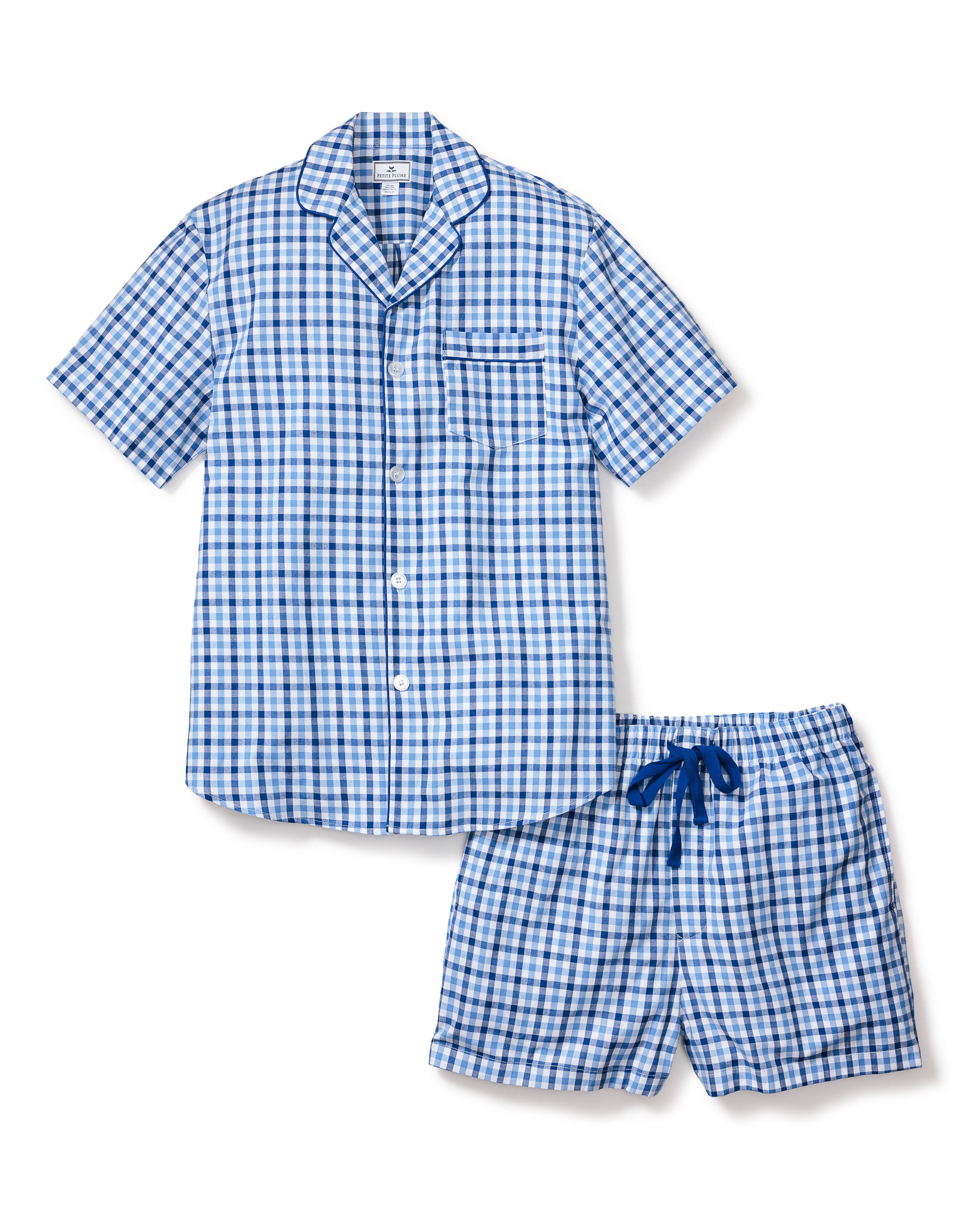 Men's Twill Pajama Short Set in Light Blue Gingham in Royal Blue Gingham#Color_Royal Blue Gingham