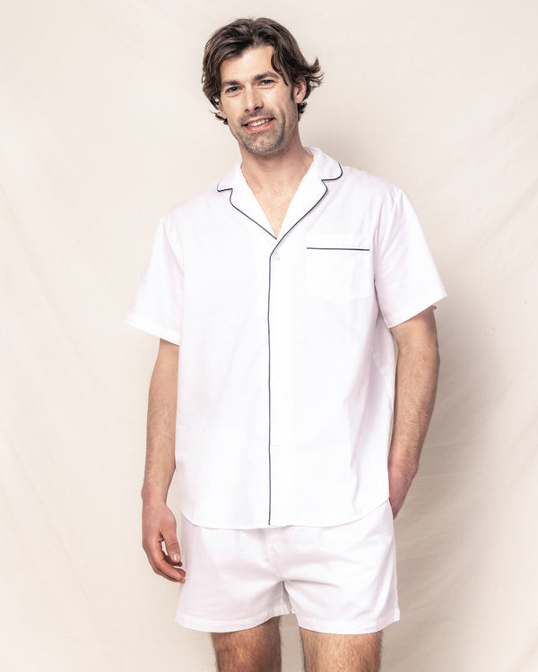 Men's Twill Pajama Short Set in White with Navy Piping