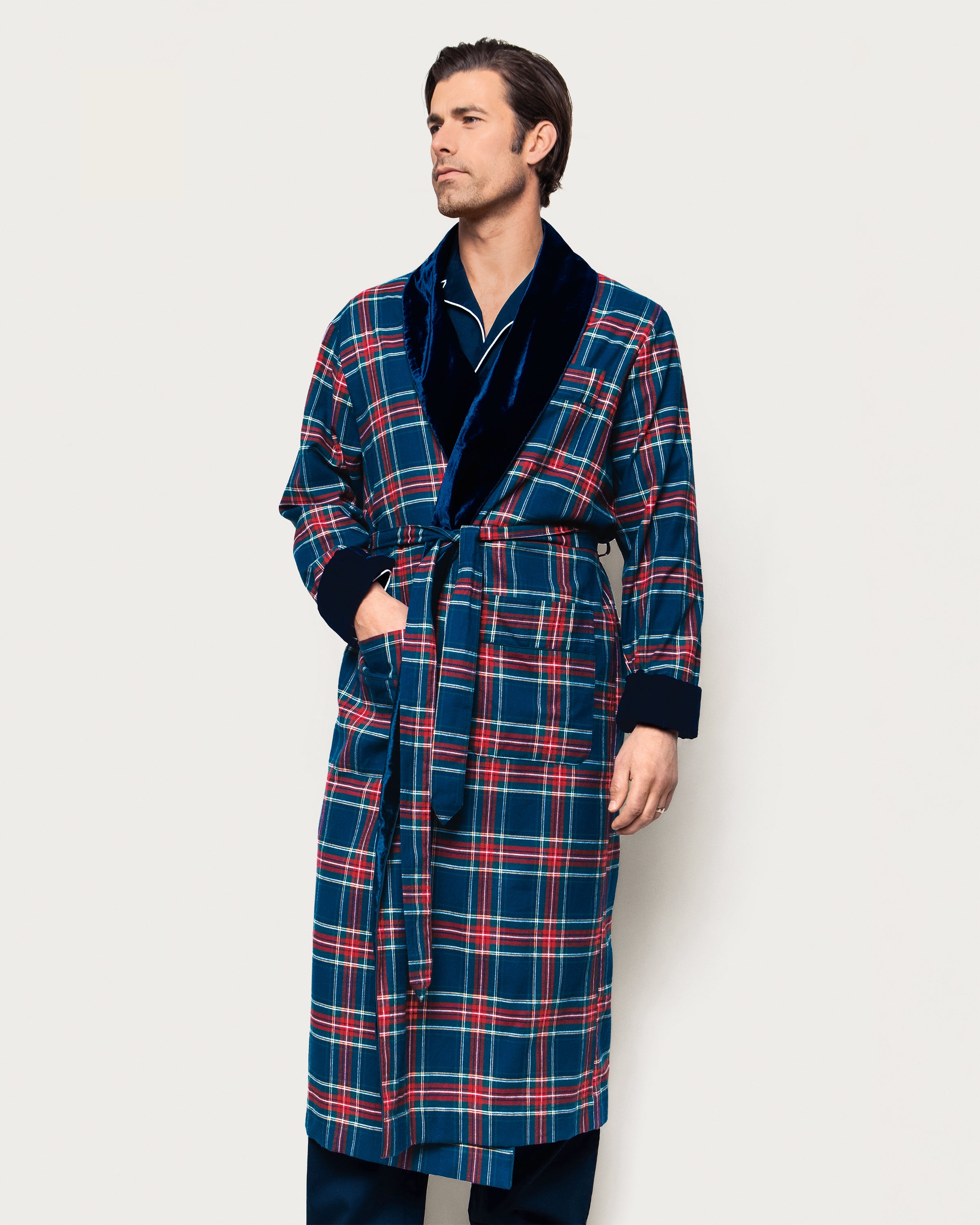Men's Brushed Twill Velvet Trim Robe in Windsor Tartan