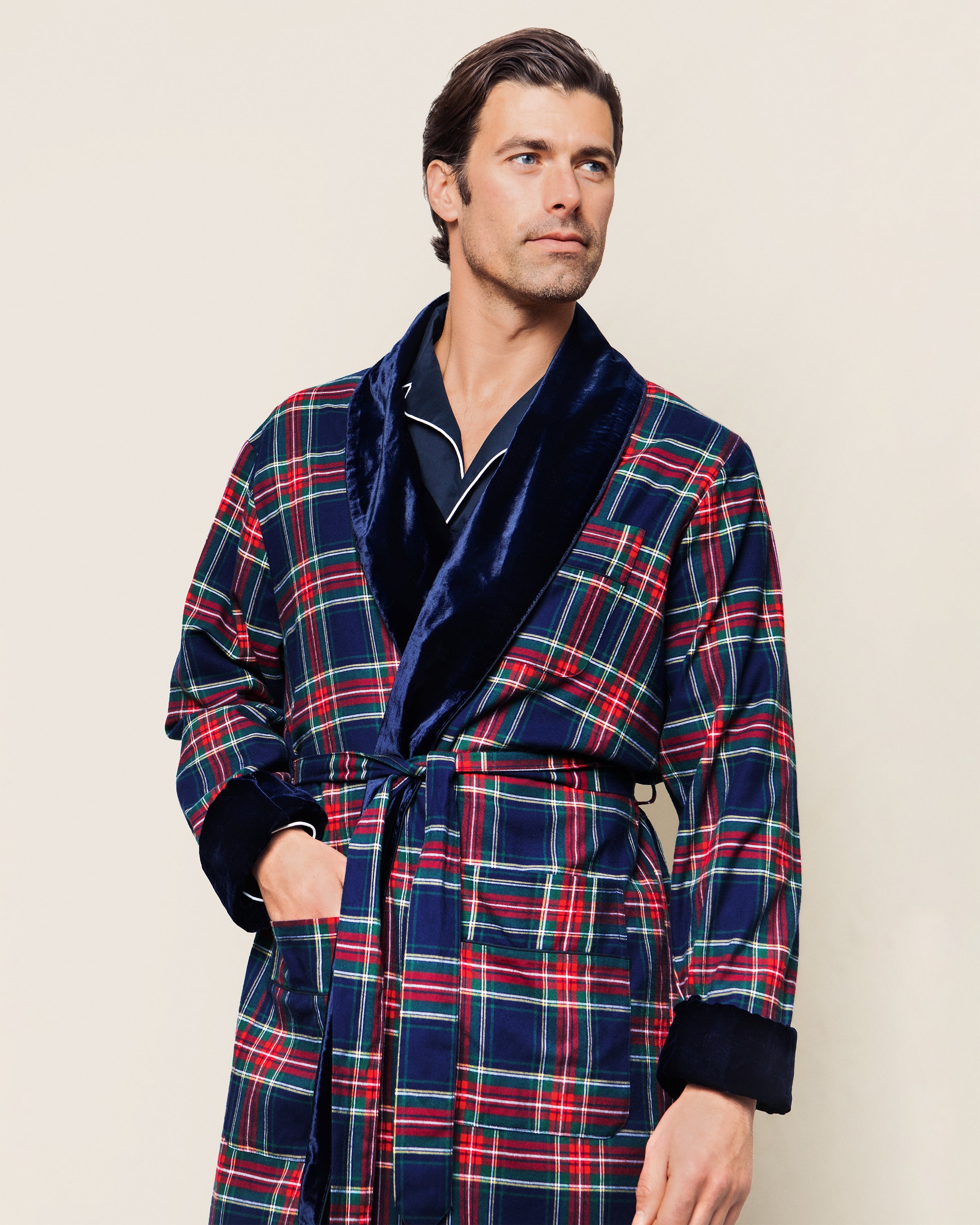 Men's Brushed Cotton Velvet Robe in Imperial Tartan in Windsor Tartan #Color_Windsor Tartan