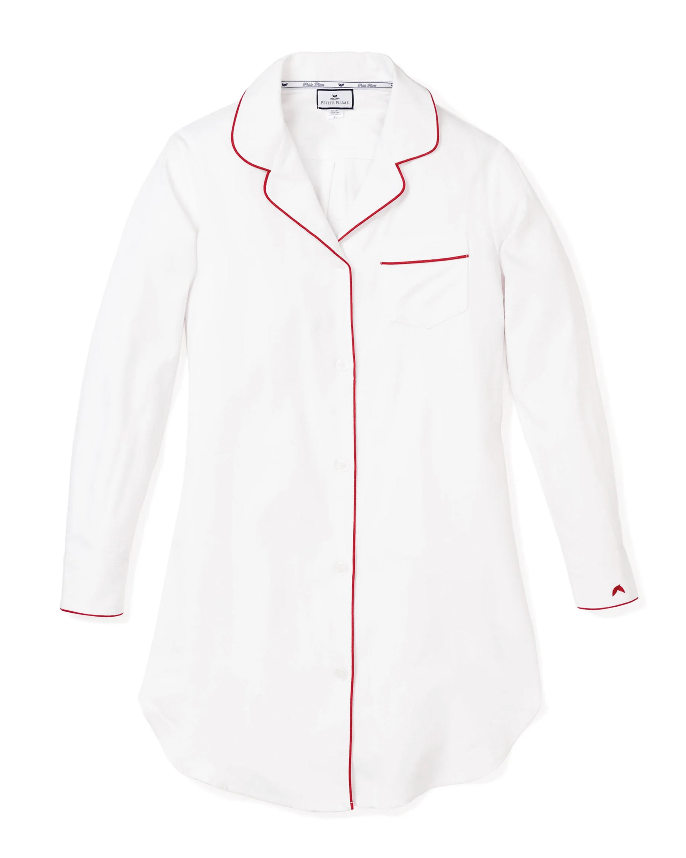 Women's Twill Nightshirt in White With Red Piping