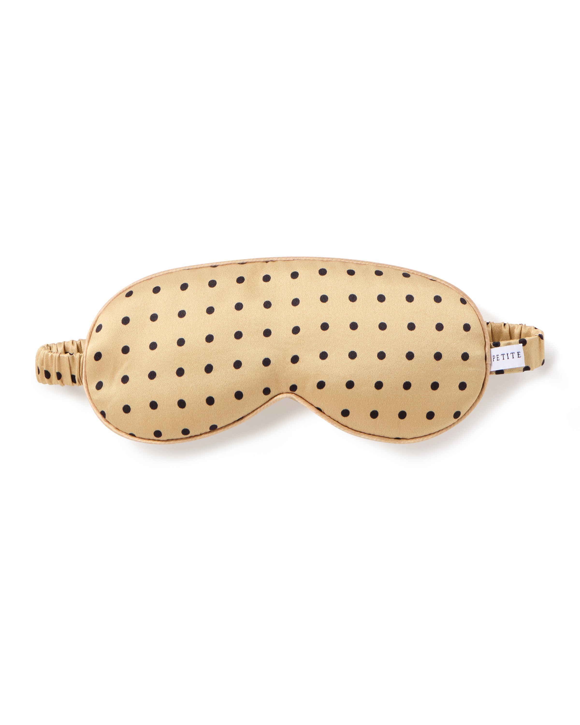 The Adult's Silk Sleep Mask in Gold with Black Polka Dots features an elastic strap and is shown on a white background.