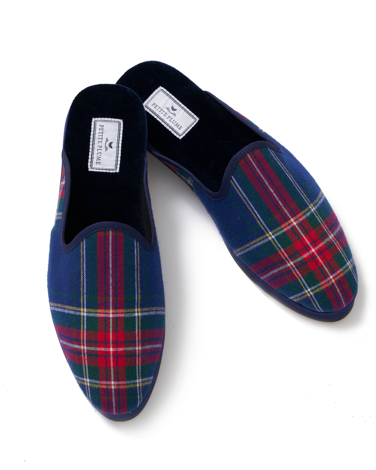 Women’s Slippers in Windsor Tartan, featuring a blue, green, and red plaid pattern with black interiors, are shown on a white background.