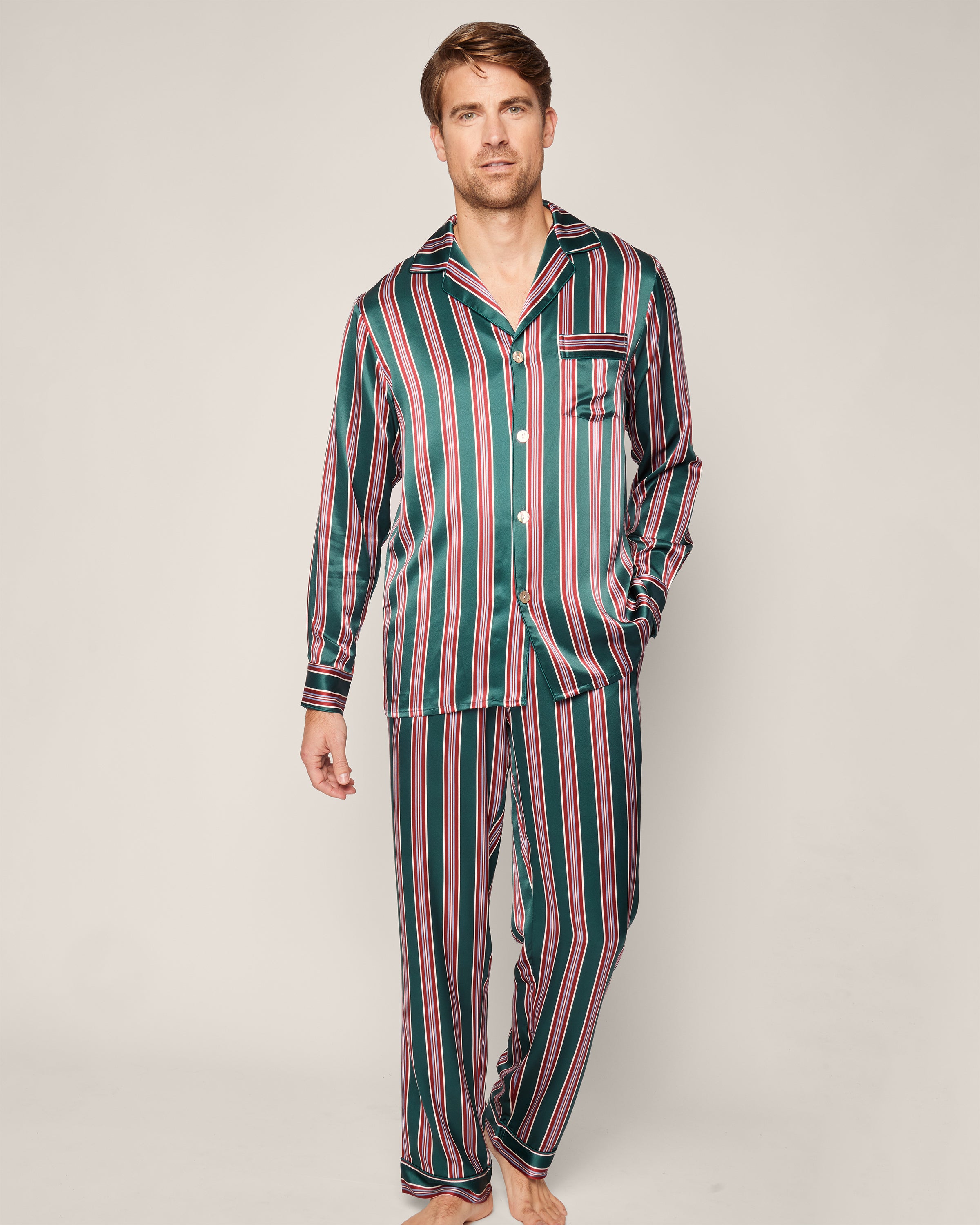 Men's Silk Pajama Set in Art Nouveau Black in Lancaster Stripe#Color_Lancaster Stripe