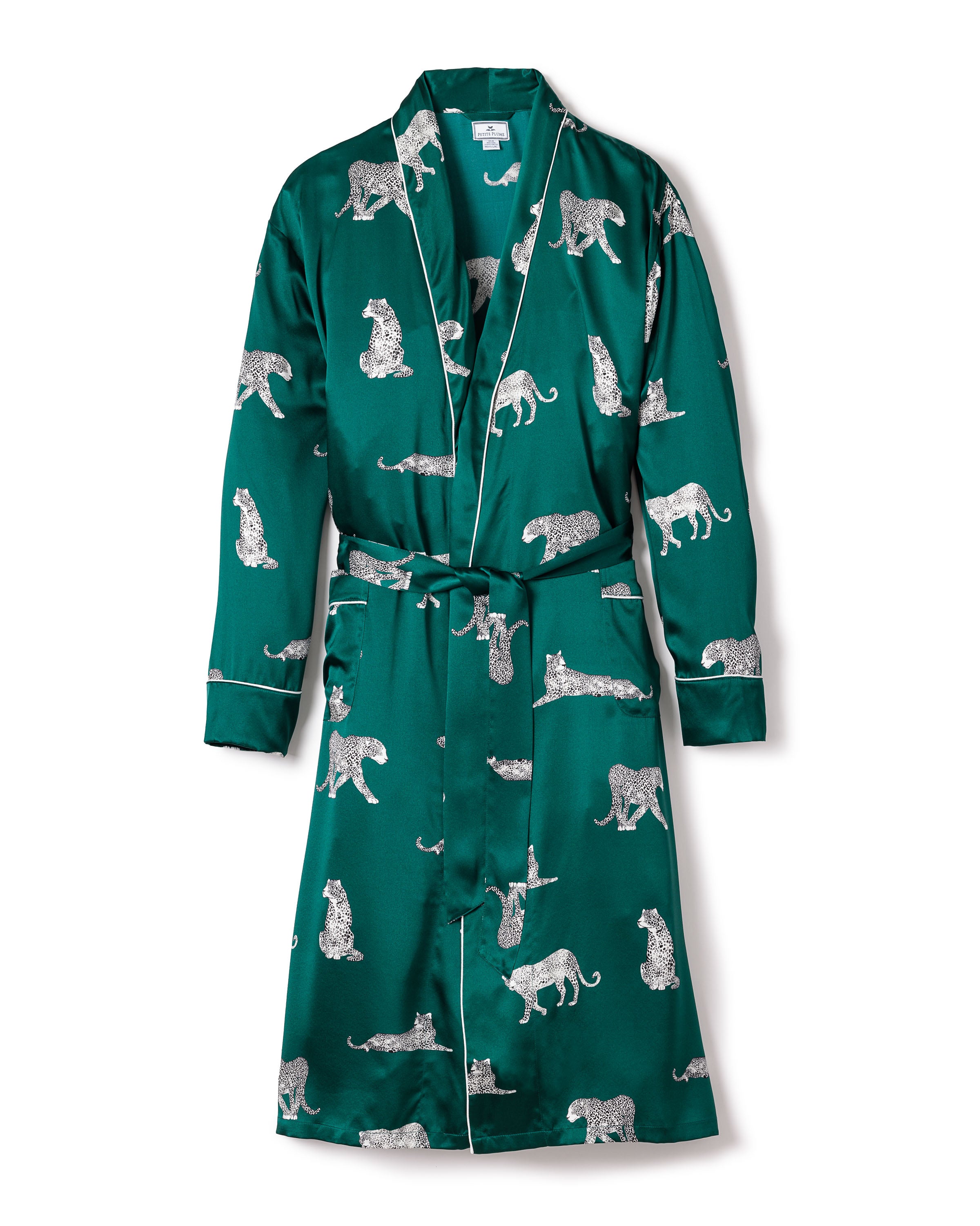 The Mens Silk Long Robe in Panthère de Luxe by Petite Plume is an elegant green Mulberry silk robe, adorned with white leopards and piping. Featuring a shawl collar and waist belt, it perfectly blends style and comfort for your sleepwear collection.
